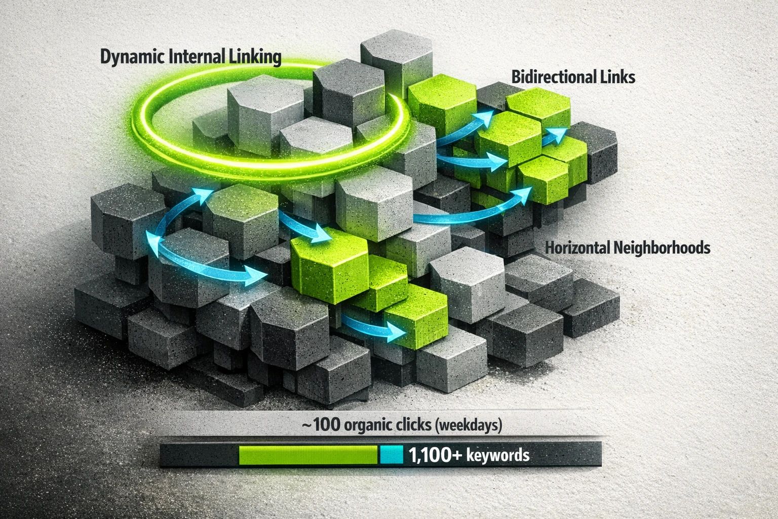 Operational view: programmatic internal linking and governance visualized with node networks and research-backed metrics (~100 clicks/day; 1,100+ keywords).