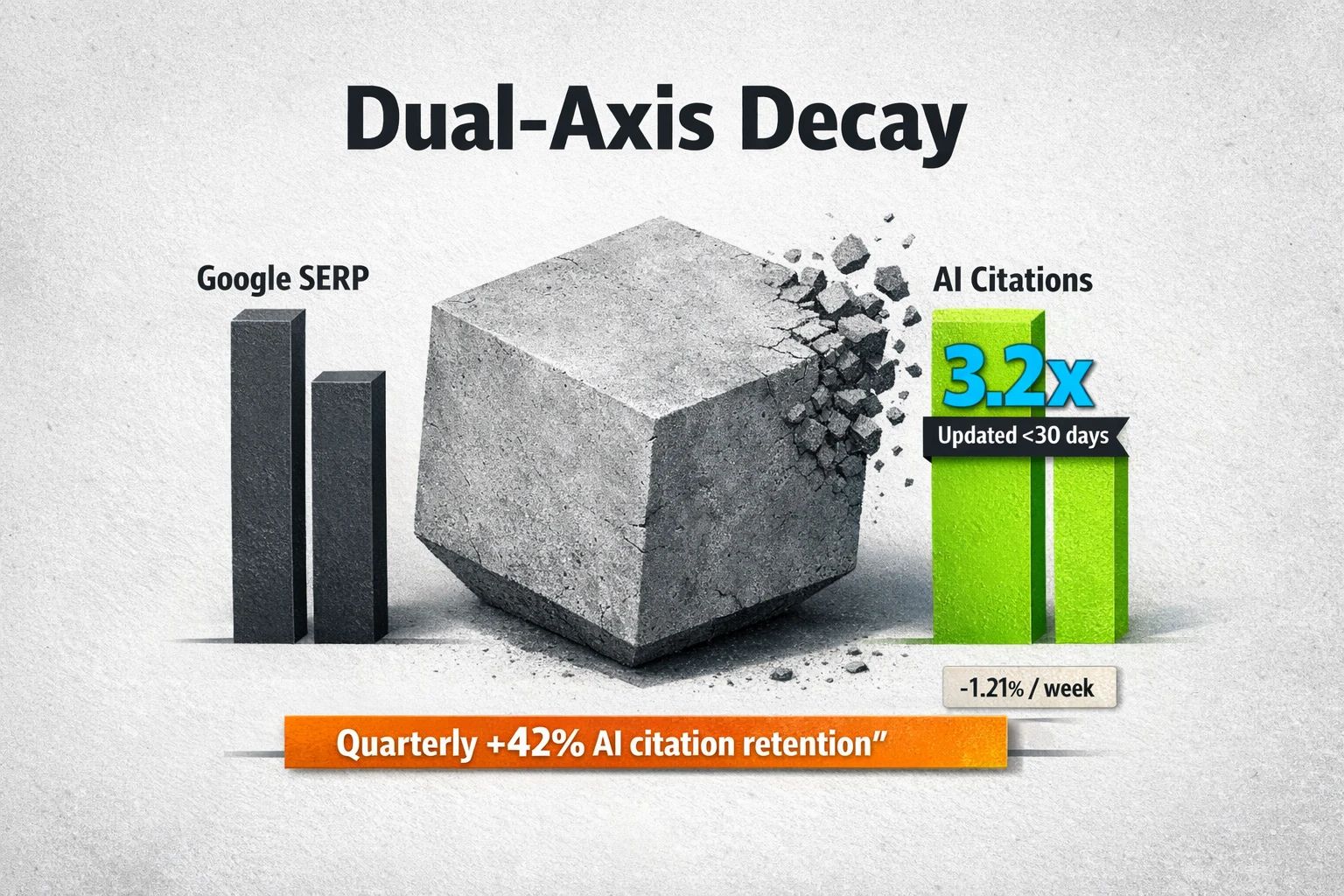 Dual-Axis diagnostic: compare Google SERP decay and AI citation freshness; highlights '3.2x' freshness and 'Quarterly +42%' retention from the research brief.