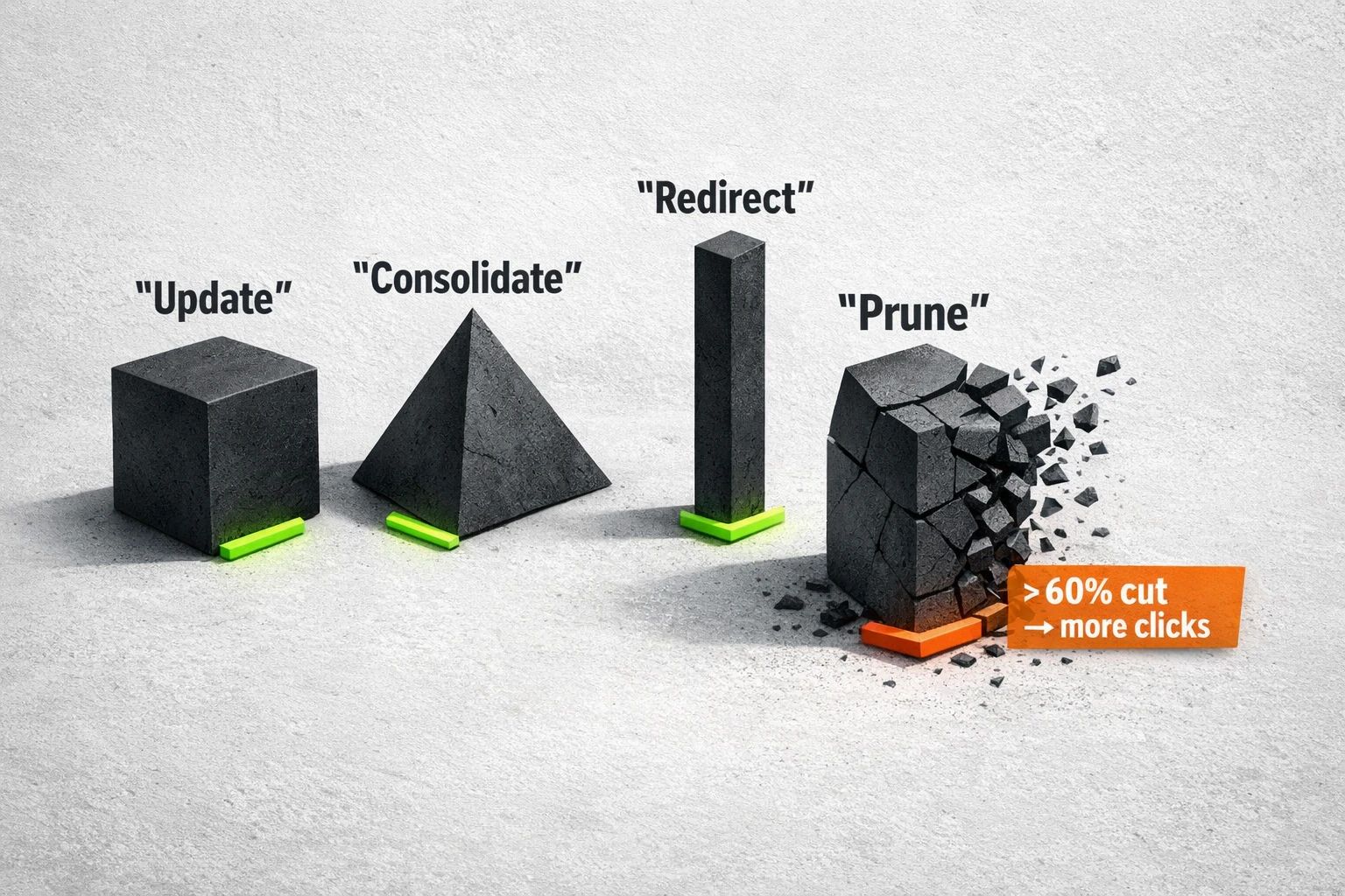 Action-first visualization: prioritize Update, Consolidate, Redirect, or Prune — emphasizes the >60% pruning result from the research brief.