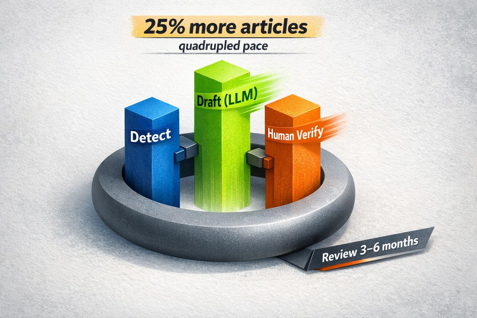 Automated Refresh Engine: LLMs + human-in-the-loop increase throughput — '25% more articles' and 'quadrupled pace' per the research brief; schedule reviews every 3–6 months.