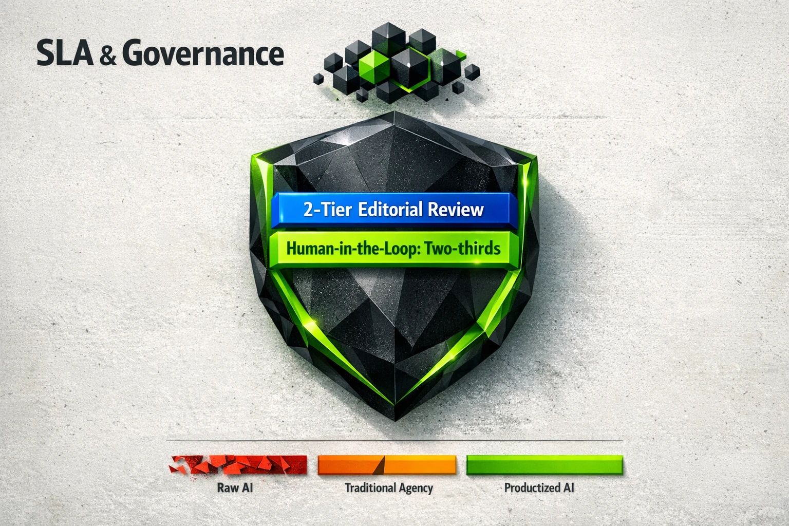 Governance & SLA: two-tier human editorial review and human‑in‑the‑loop coverage are highlighted as risk-mitigating guarantees (research-backed).