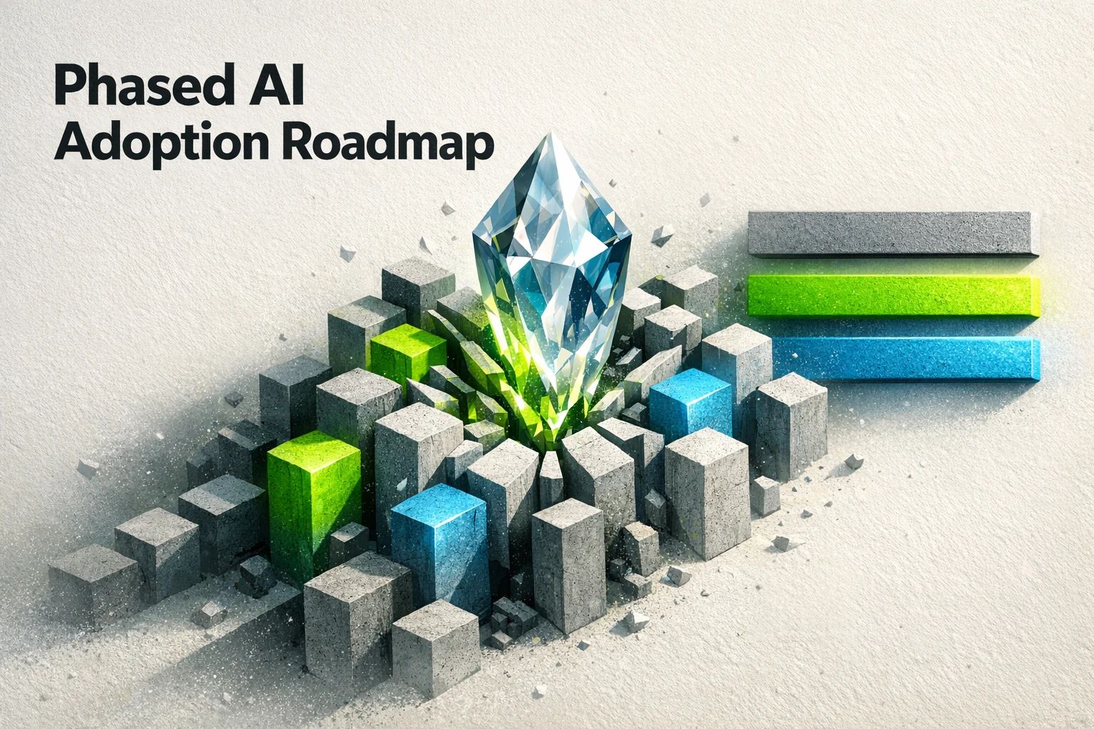 MOFU thumbnail for a pillar on phased AI adoption: dimensional hexagonal prisms converge into a central crystal with progress bars — conveys a structured, human-governed rollout for content & SEO.