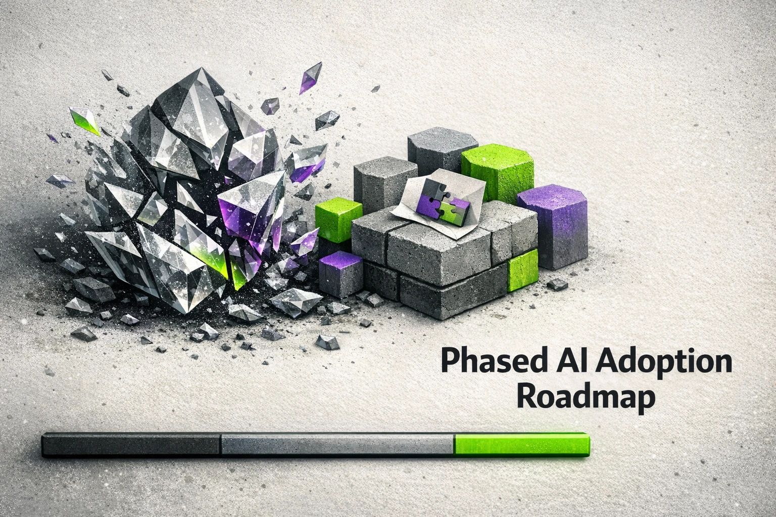 Visual metaphor for risk mitigation and HITL governance — fragments of raw AI output are reconstructed into a controlled structure, signaling editorial oversight and enterprise readiness.