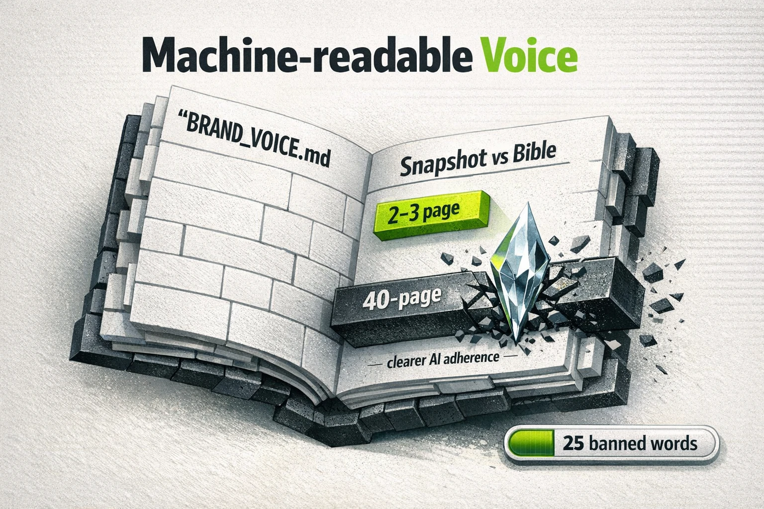 Machine-readable voice snapshot: favor a concise 2–3 page BRANDVOICE.md over a 40-page bible; includes a 25-word kill list to stop AI clichés.