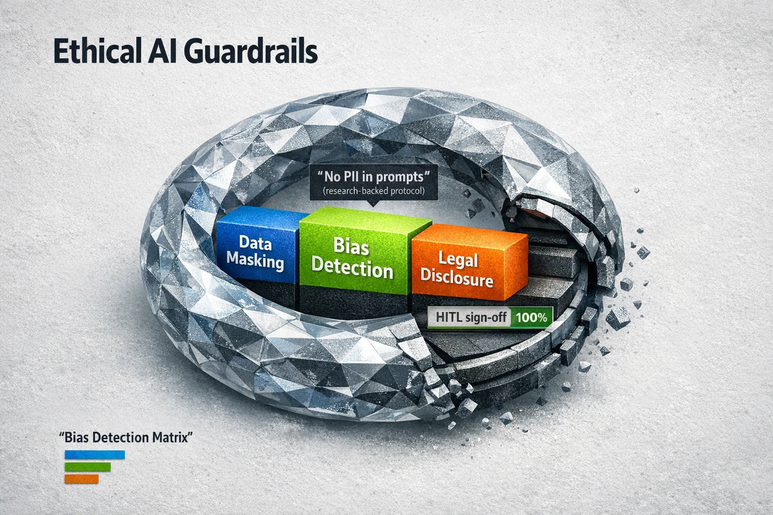 Bias detection and data masking visual: emphasize "No PII in prompts" and a 100% human-in-the-loop sign-off policy to reduce legal and reputational risk.
