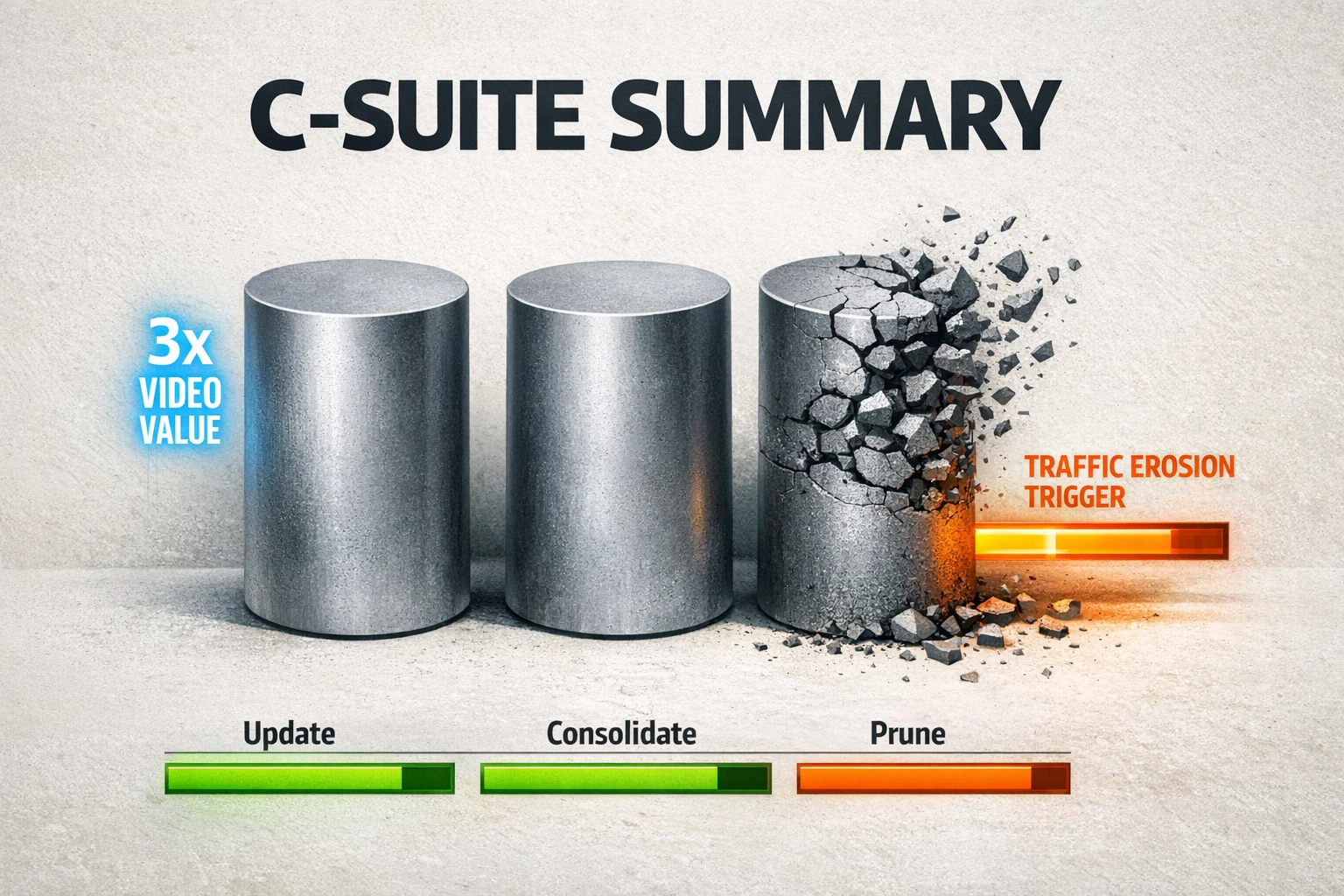 Detect content decay and present clear C‑suite decisions: update, consolidate, or prune - highlight video as a 3x value multiplier.