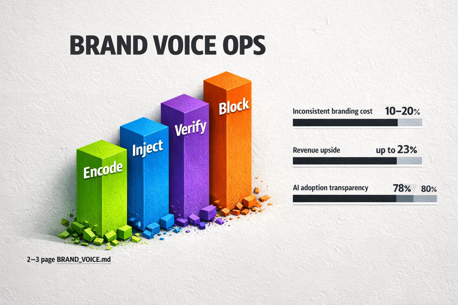 Operational governance pipeline — Encode, Inject, Verify, Block — with research-backed impact bars (10–20% inconsistency cost; revenue upside up to 23%).