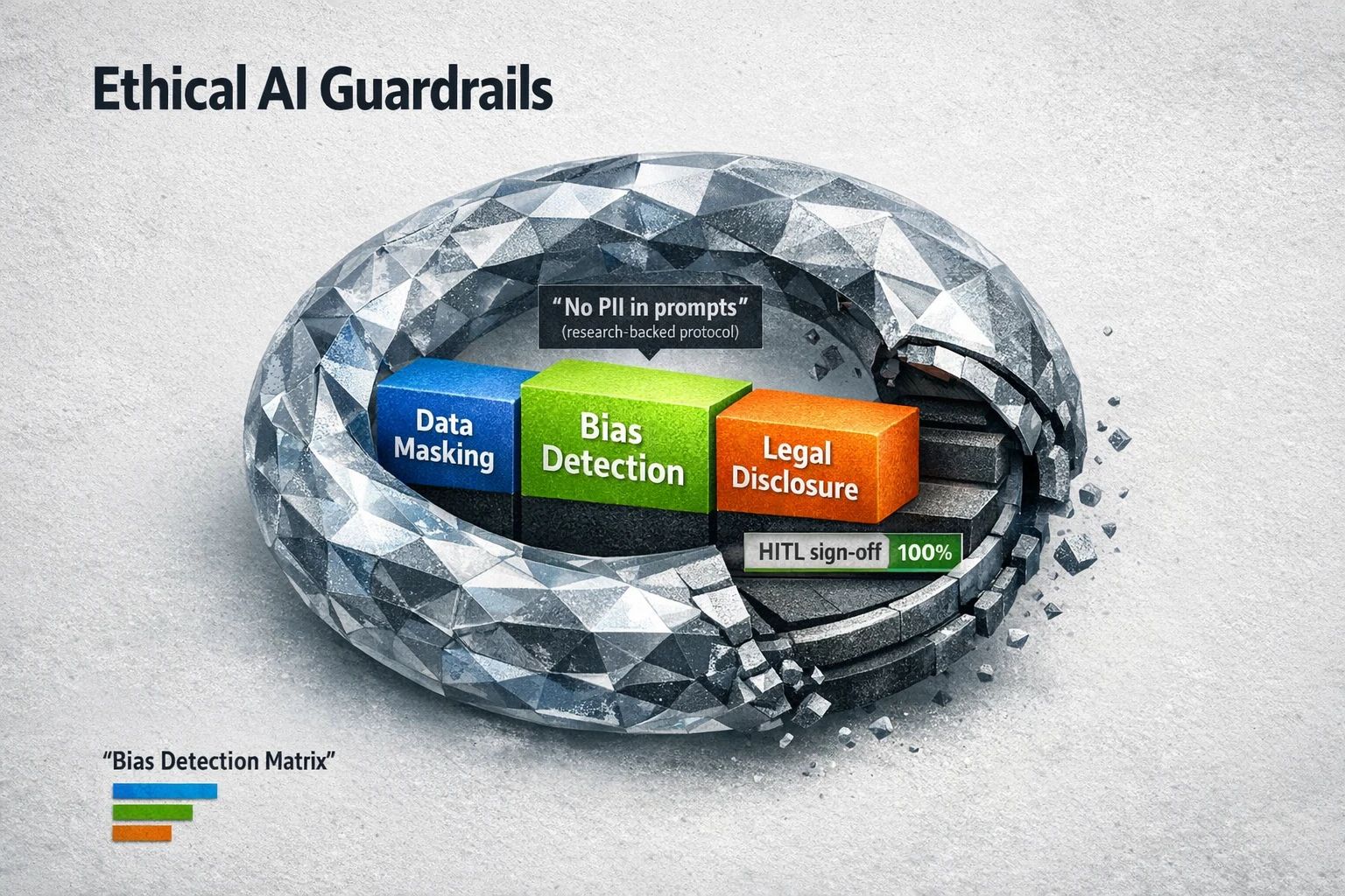 Bias detection and data masking visual: emphasize "No PII in prompts" and a 100% human-in-the-loop sign-off policy to reduce legal and reputational risk.