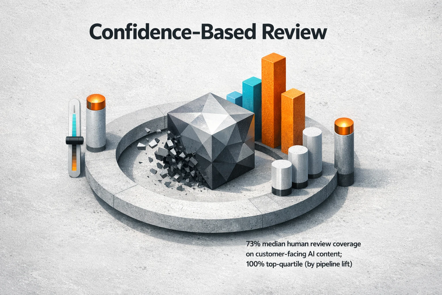 Benchmark comparison for confidence-based review: industry median human review coverage is 73% on customer-facing AI content, while top‑quartile teams report 100% coverage — use confidence-based routing and SLAs to hit top performance.