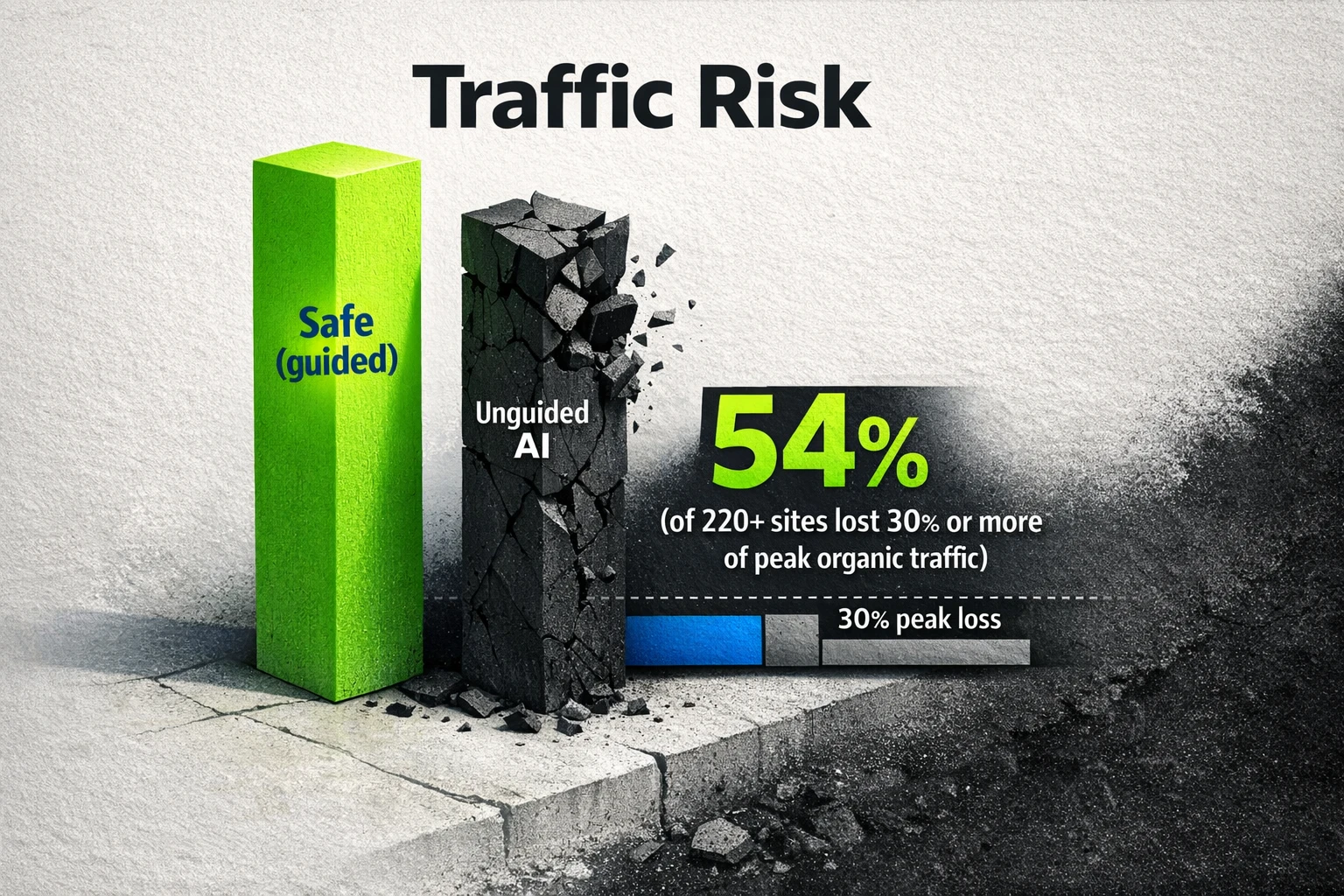 Risk vs Reward: visual comparison showing Lily Ray's finding that 54% of analyzed sites lost 30%+ of peak organic traffic when using unguided AI.