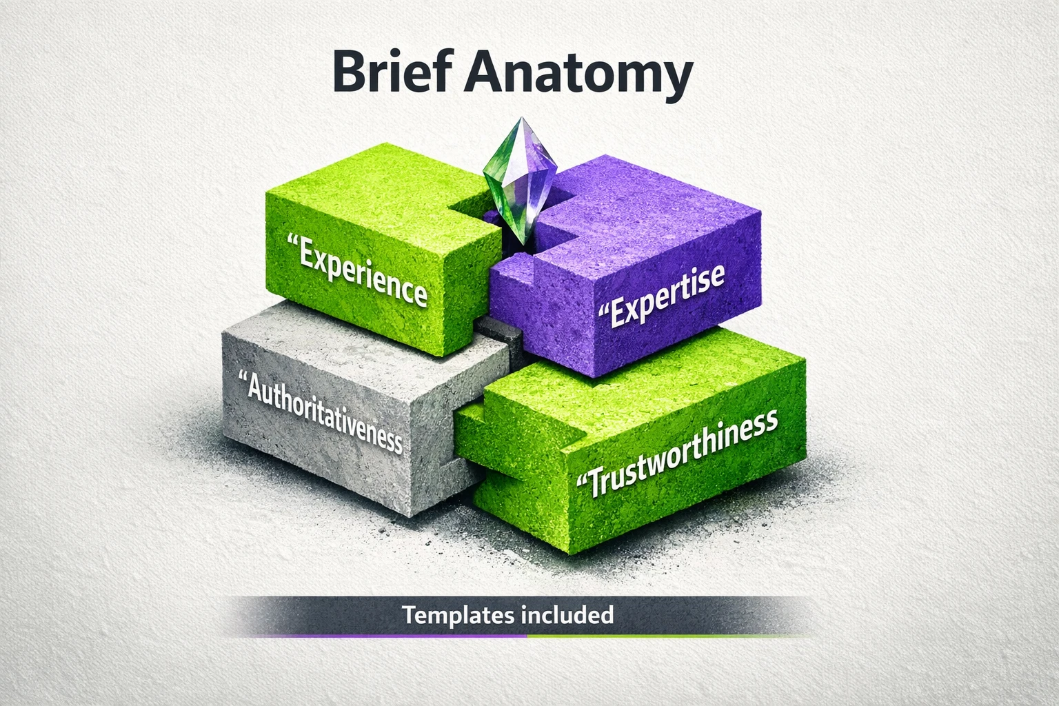 Operational checklist: visualizes the four core E-E-A-T elements to embed into AI content briefs and templates (Experience, Expertise, Authoritativeness, Trustworthiness).
