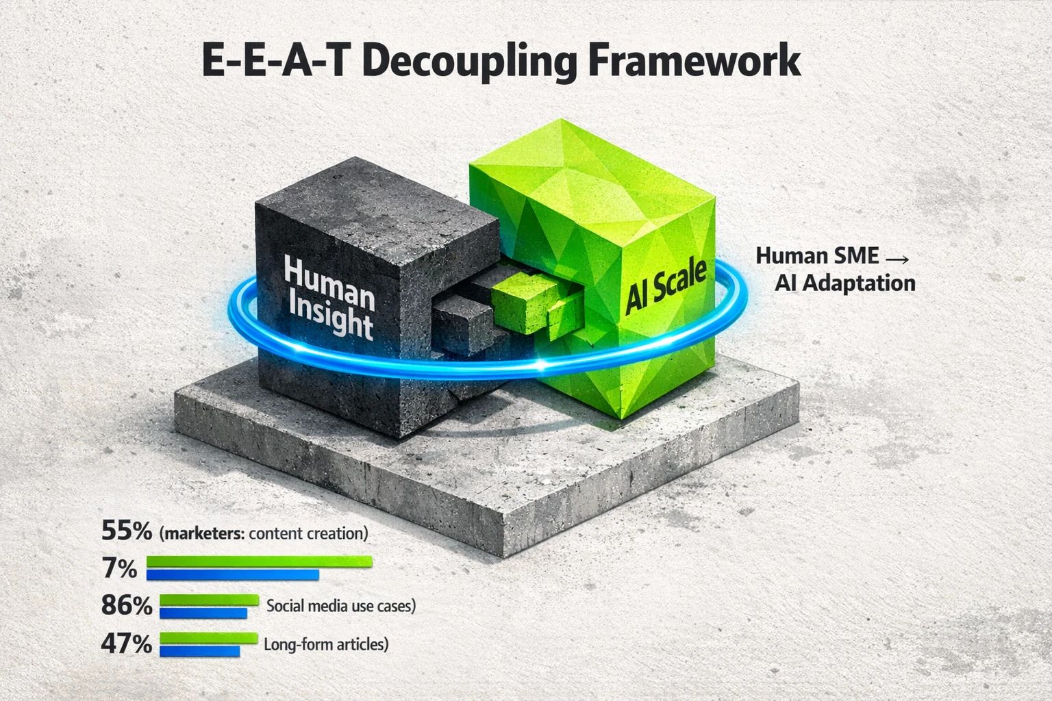 Framework overview: separate the human 'trust' layer from the AI 'scale' layer and use research-labeled bars to prioritize where to apply editing and adaptation.