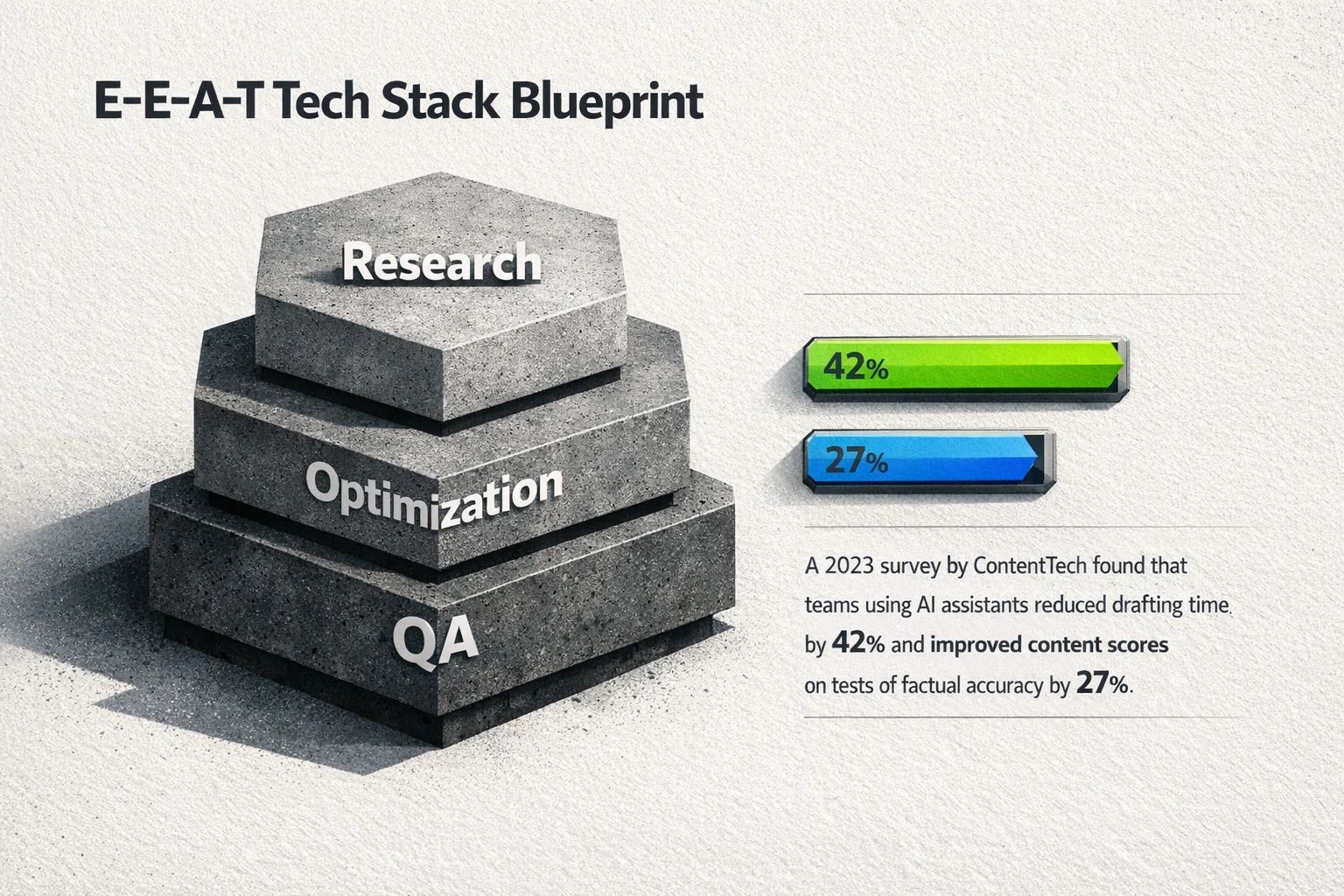 Blueprint view: map your stack by stage and see measured gains — "A 2023 survey by ContentTech found that teams using AI assistants reduced drafting time by 42% and improved content scores on tests of factual accuracy by 27%."