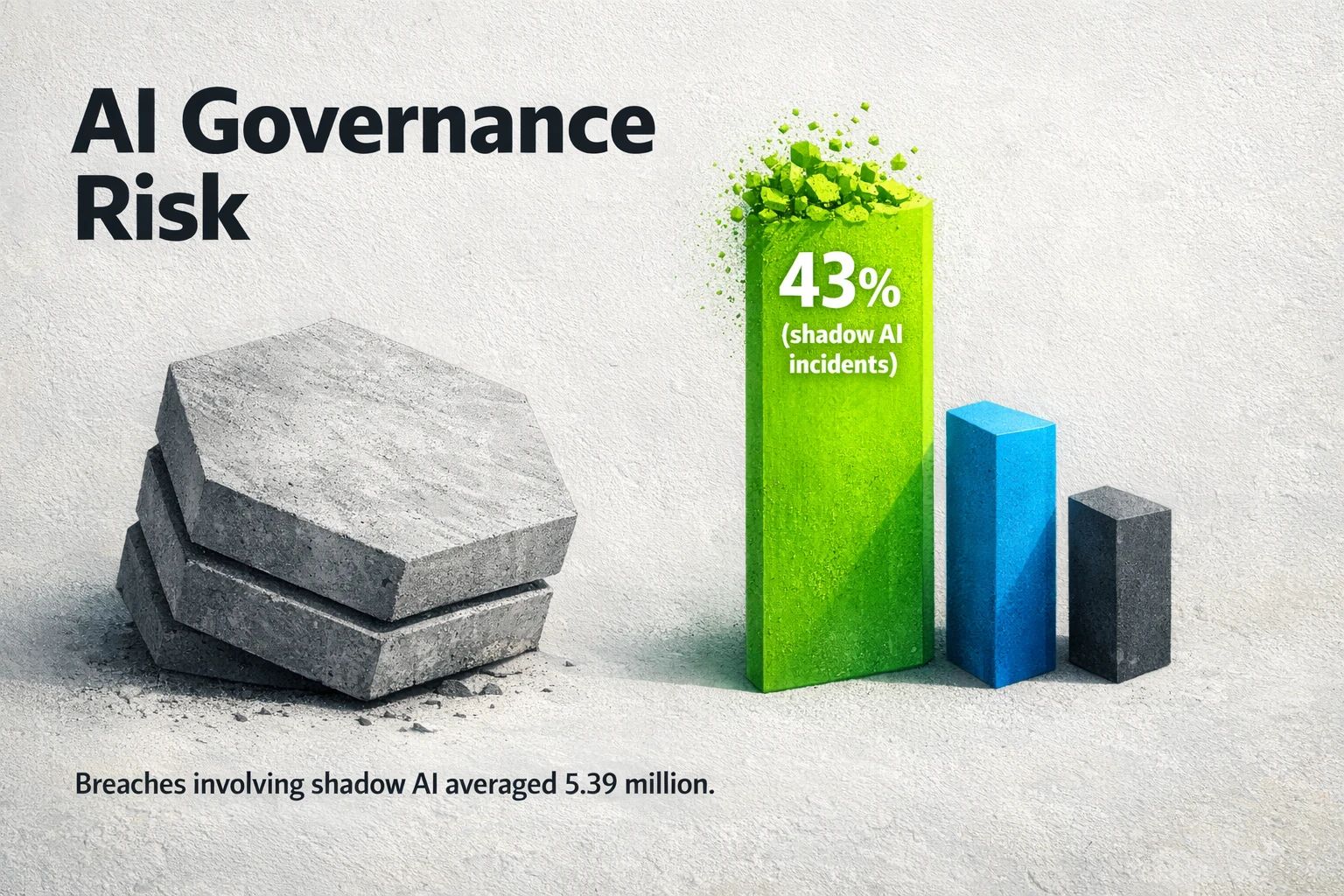 Risk dashboard highlighting research-backed shadow AI incidence (43%) and the average breach cost (5.39 million) to prioritize governance investment.