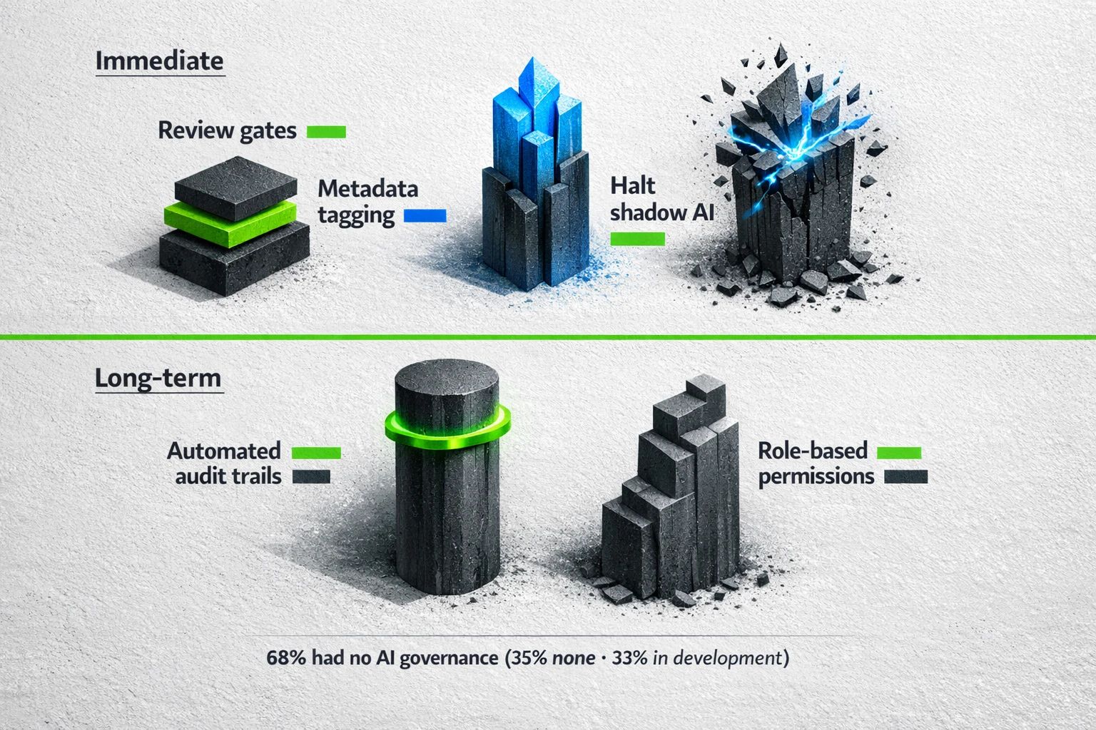 Tactical quick wins to halt 'shadow AI' and a longer-term roadmap, anchored by the research finding that 68% lacked finalized AI governance.