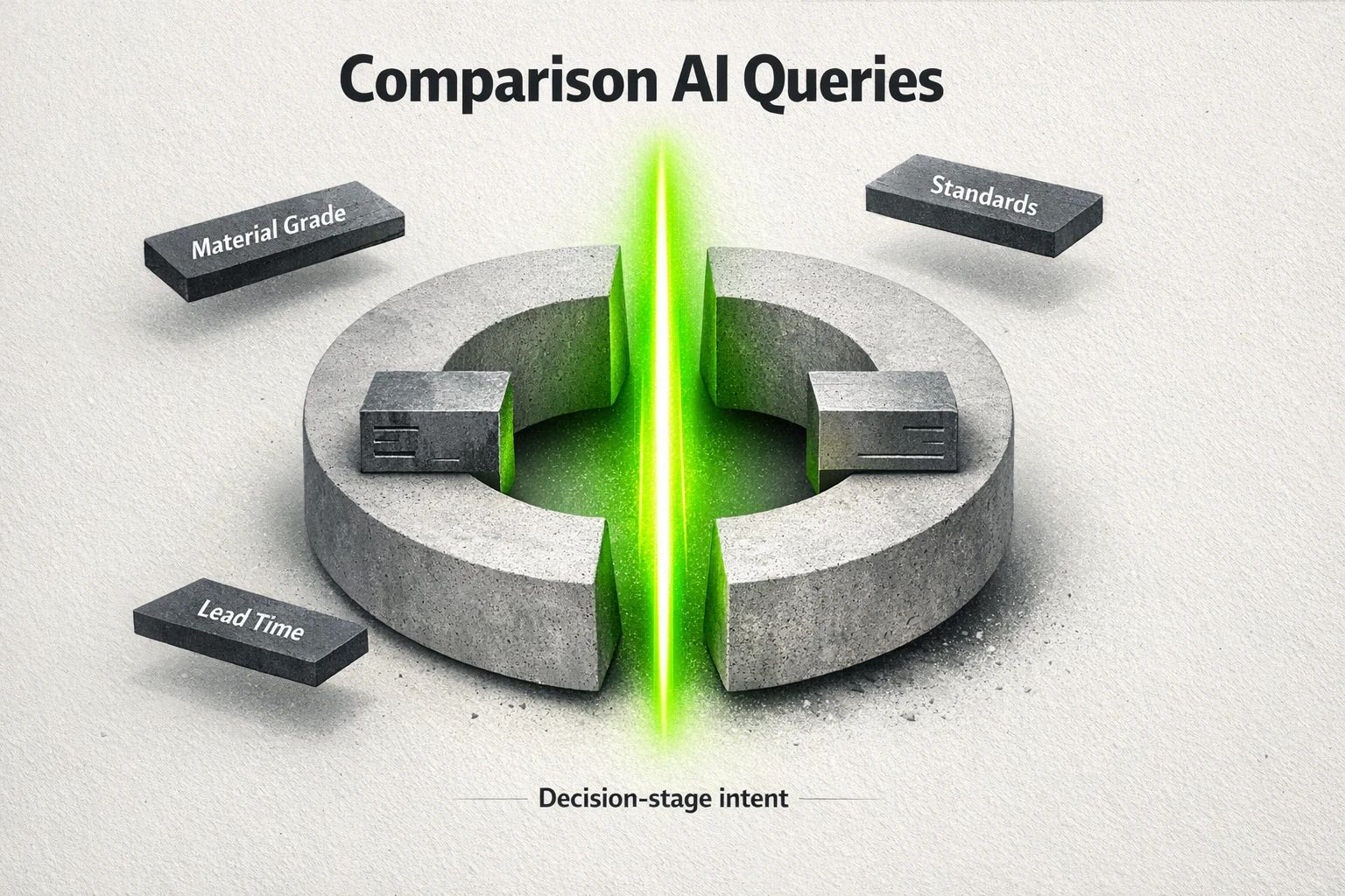 A diagram breaking down an industrial AI comparison query into its core components: Material, Property, Application, Constraints, and Commercials.