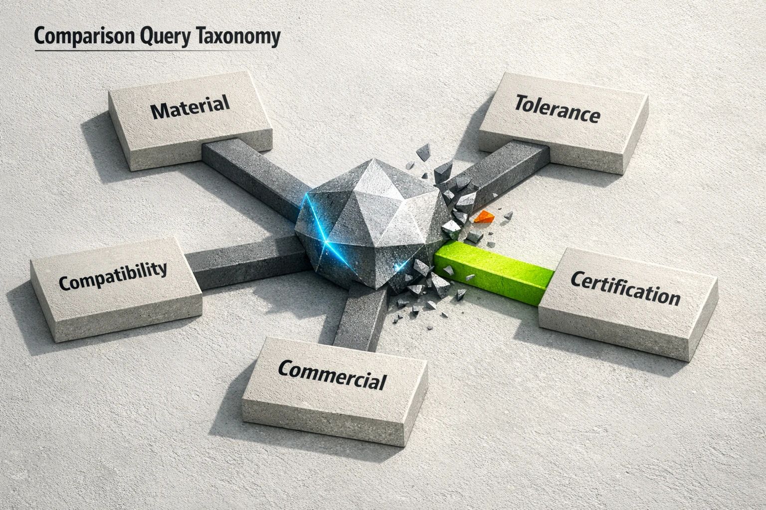 A taxonomy chart categorizing industrial micro-intents into five key areas: Material Properties, Engineering Tolerances, Certification & Compliance, Application Compatibility, and Commercial Constraints.