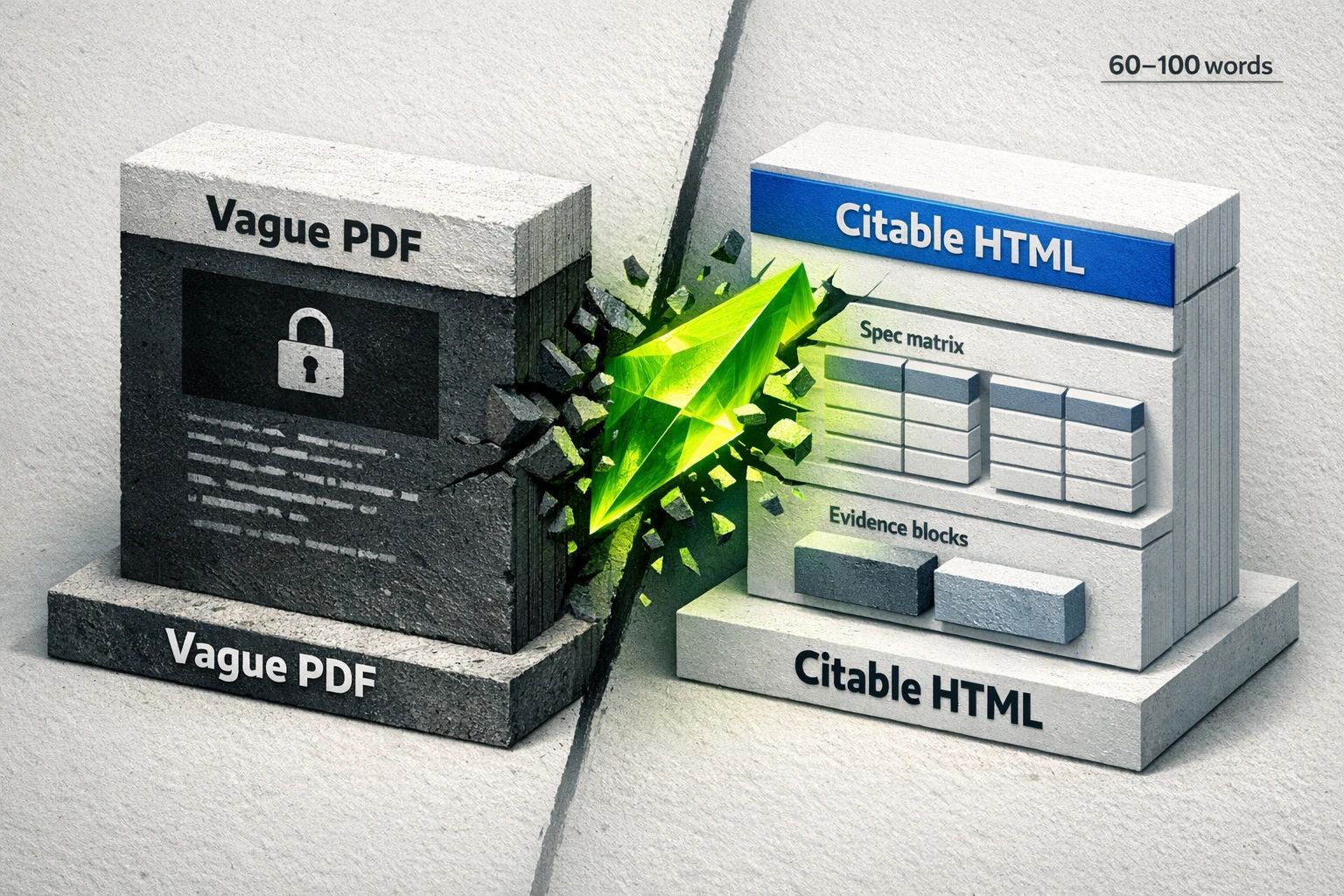 A visual comparison showing a vague, marketing-focused product description on the left and a structured, citation-ready version on the right with a clear summary, a spec matrix, and evidence blocks.