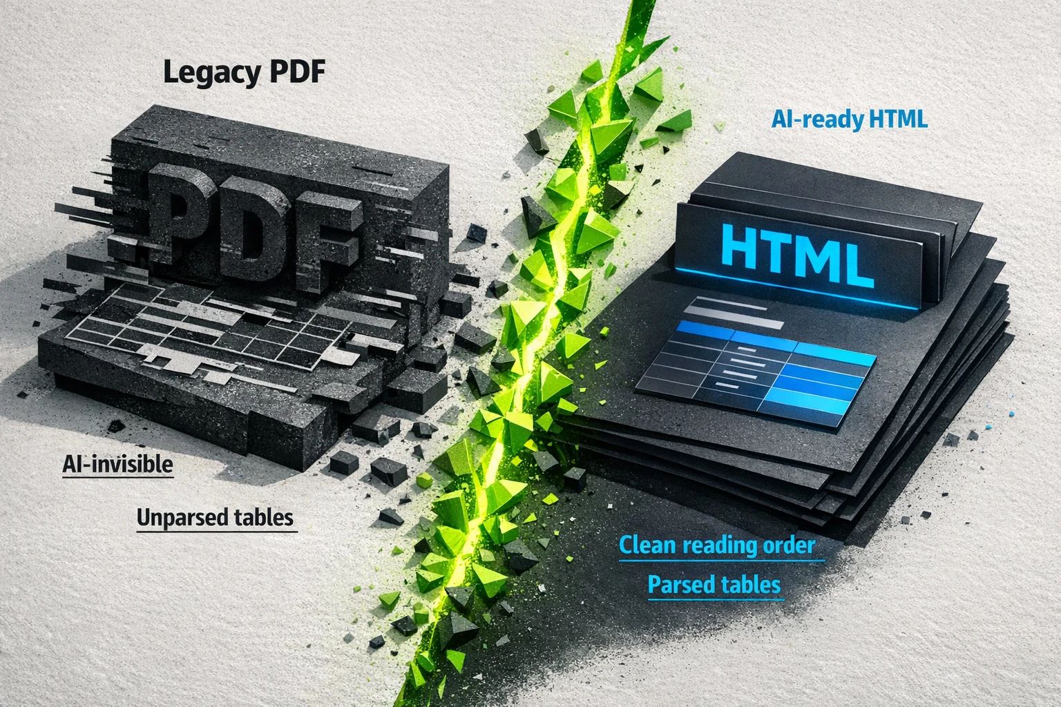 A side-by-side view of how legacy industrial PDFs break during AI parsing (OCR noise, column errors, unparsed tables) versus an AI-ready HTML structure with clean reading order.