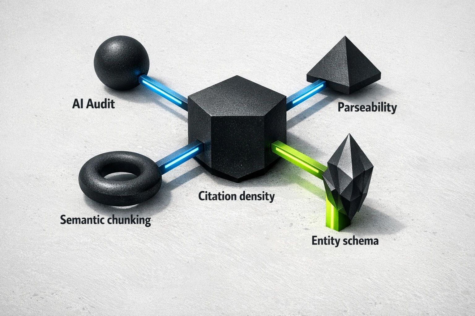 The audit framework groups remediation work into four pillars: parseability, semantic chunking (BLUF), citation density with verification, and entity schema for knowledge-graph alignment.