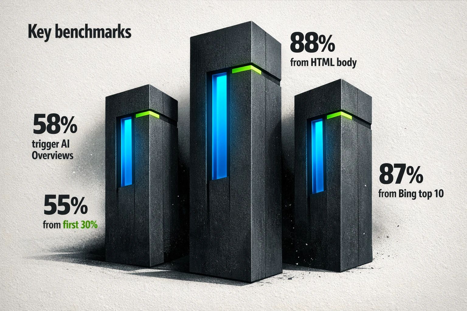Benchmarks to prioritize remediation: 58% of queries trigger AI Overviews; 88% of fragments come from HTML body; 55% of citations come from the first 30% of content; 87% of ChatGPT citations mirror Bing top 10.