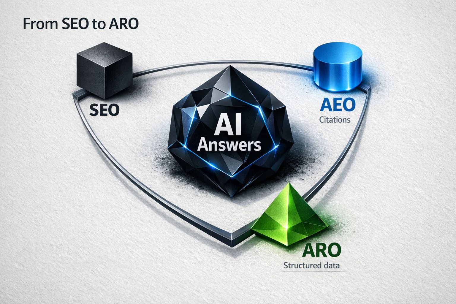 A diagram illustrating the evolution from SEO (ranking) to AEO (visibility in AI answers) and ARO (readiness for AI agents).