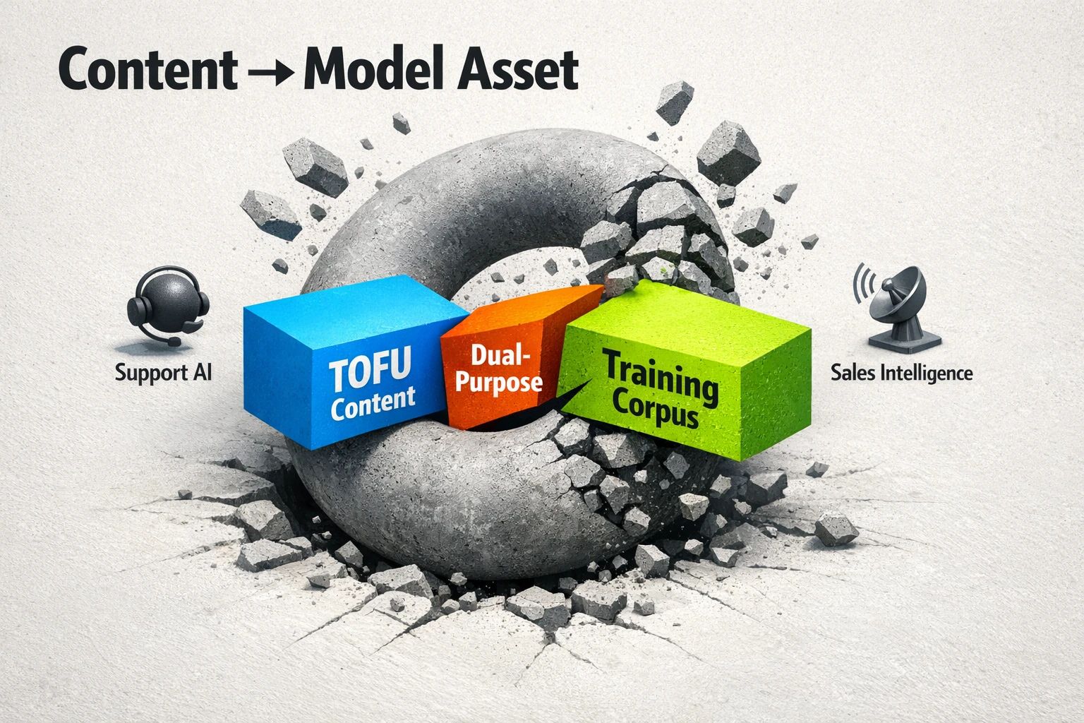 A dual-purpose content flywheel turns public TOFU education into a structured training corpus—so every new guide can improve both search performance and internal AI support or sales intelligence.