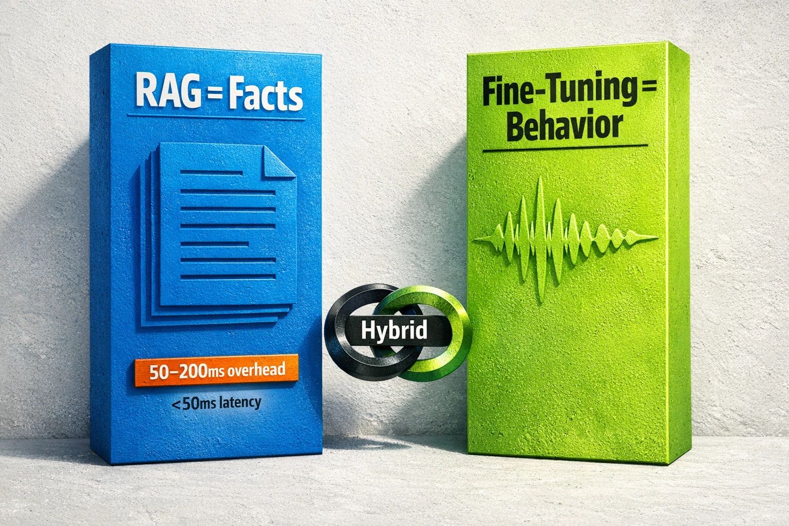 RAG is best for keeping answers grounded in changing documentation, but retrieval adds 50–200ms overhead—making it a poor fit for ultra-low latency (<50ms) tasks. Fine-tuning shapes tone and domain behavior; hybrid uses both.