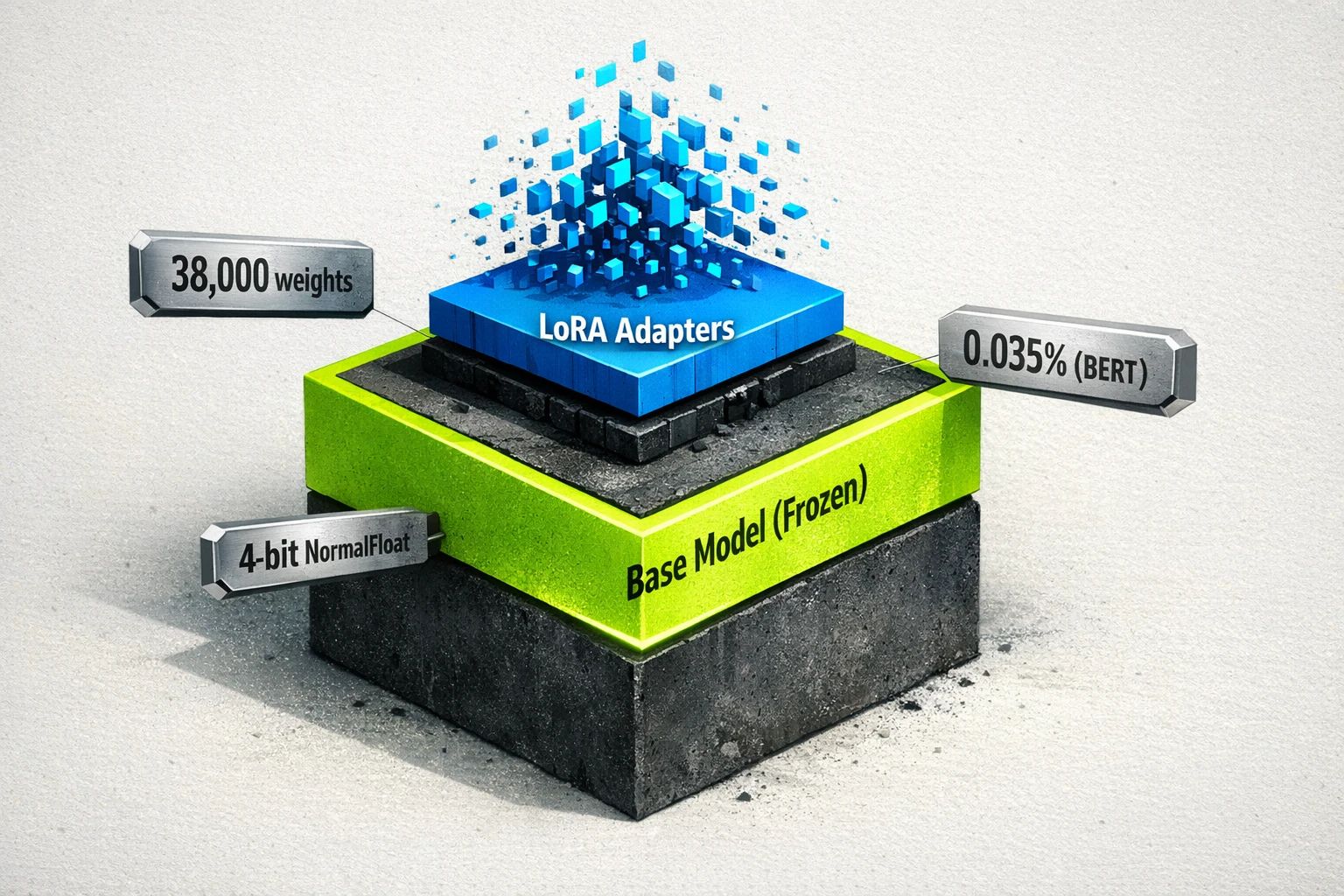 Parameter-efficient fine-tuning can specialize models without retraining everything. In one LoRA experiment on BERT, only 38,000 weights—0.035% of total—were updated; QLoRA loads the base model in 4-bit NormalFloat.