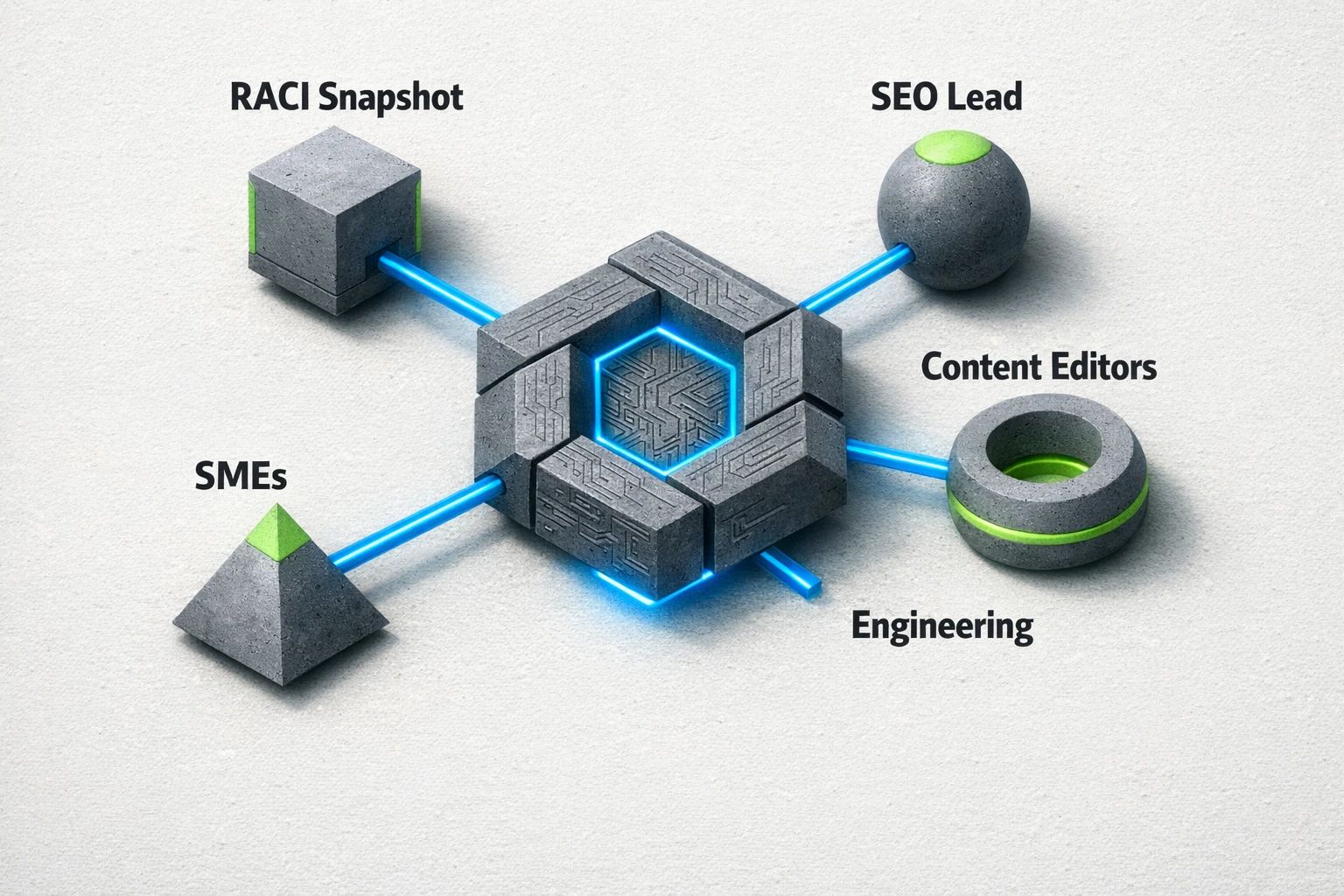 A simple chart showing a RACI matrix for AI topical blueprinting, assigning roles like SEO Lead, SME, Content Editor, and Engineering to tasks across the different implementation phases to clarify ownership.
