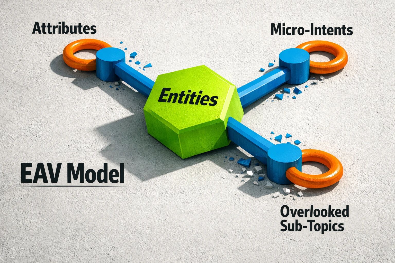 A simple EAV-based semantic map: extracted entities connect to their attributes, which reveal micro-intents. This helps identify overlooked sub-topics that keyword clusters often miss.