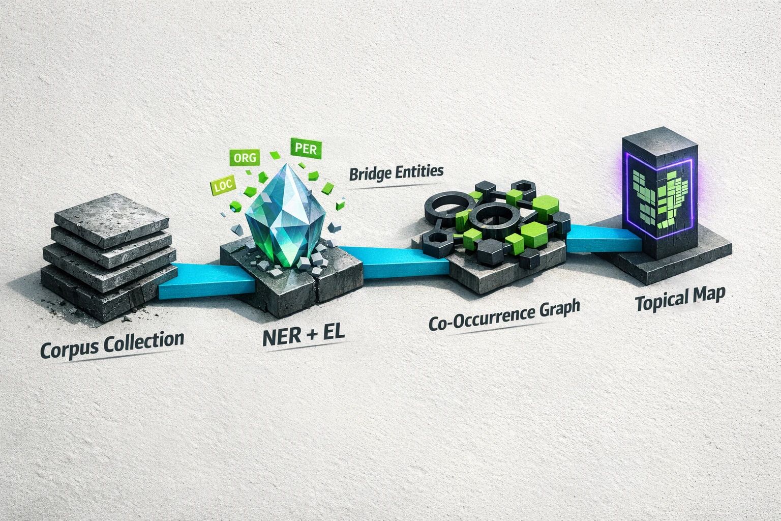 A high-level pipeline view: collect a corpus, run NER and entity linking, cluster entities via co-occurrence graphs to find bridge entities, then translate clusters into a topical map.