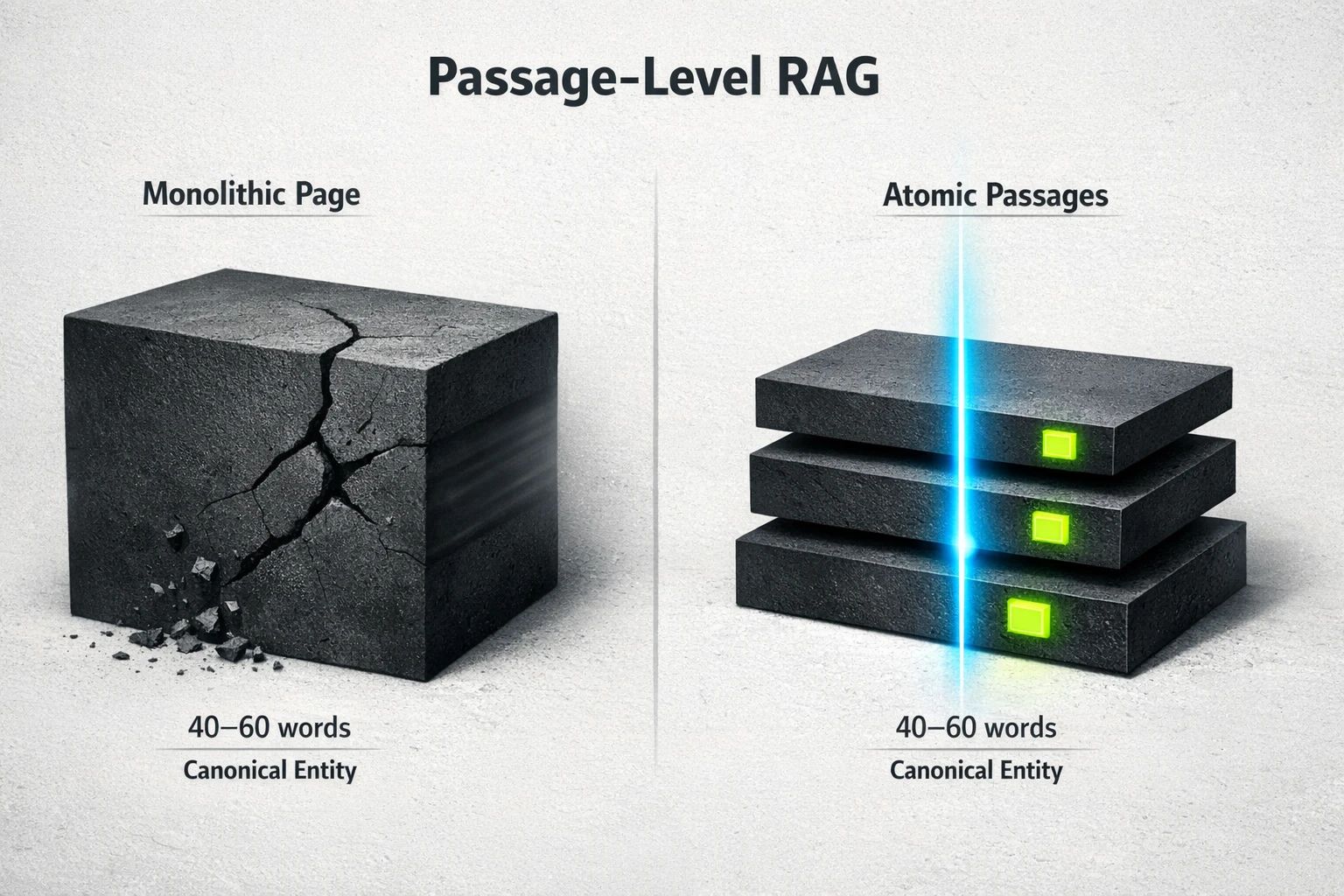 RAG systems often retrieve and cite small chunks, not whole pages. Structuring content as atomic 40–60 word passages with a clear canonical entity anchor improves passage independence.