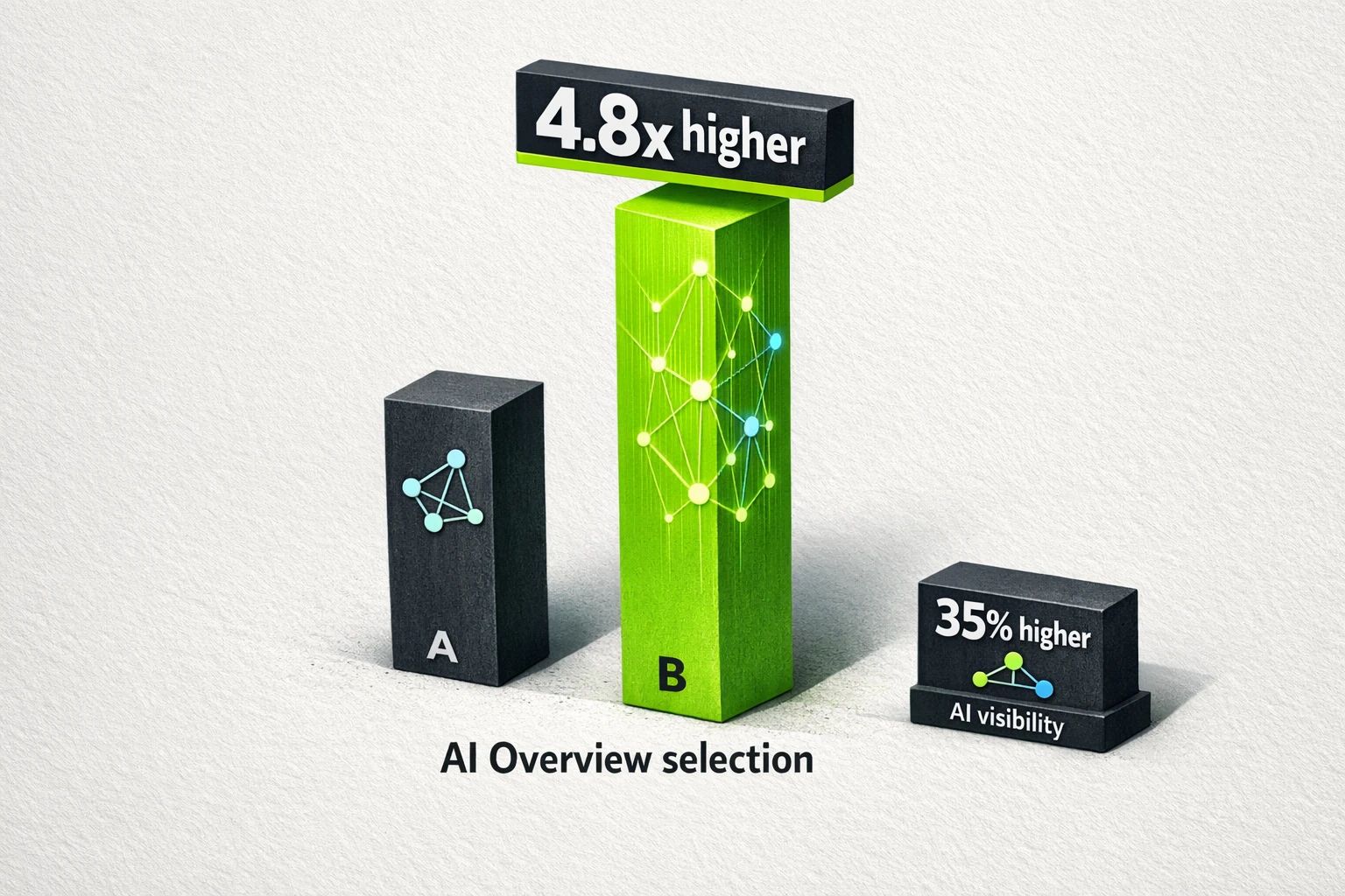 Two audited benchmarks: content connected to 15+ entities is associated with 4.8× higher AI Overview selection probability, and strong Knowledge Graph presence correlates with 35% higher AI visibility.