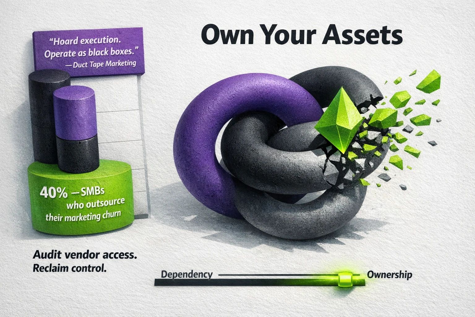 Decision thumbnail: Visualizes vendor lock‑in and promotes an asset-ownership audit using vCita churn data and Duct Tape Marketing critique to support the anti-agency checklist.