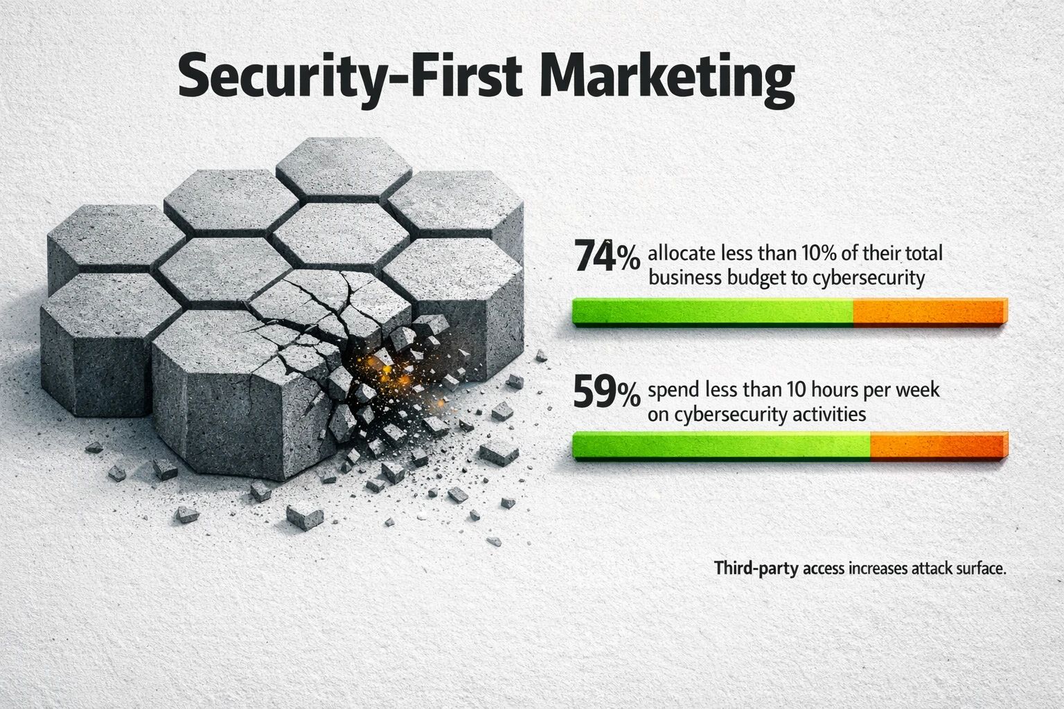 Security-focused thumbnail: Maps Coalition study metrics to a visual breach metaphor, linking outsourced marketing access to elevated cyber risk and supporting the anti-agency narrative.