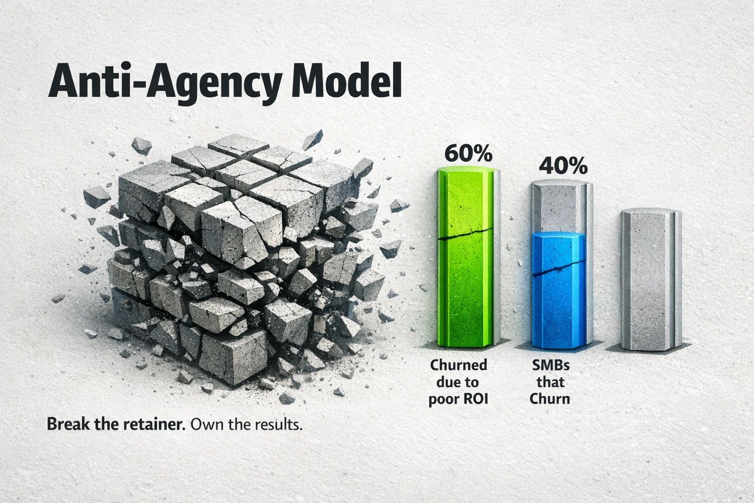 Diagnostic thumbnail: Emphasizes agency retainer failure using vCita research (60% dissatisfied; 40% churn) and visual fragmentation to push readers toward an ownership-first solution.