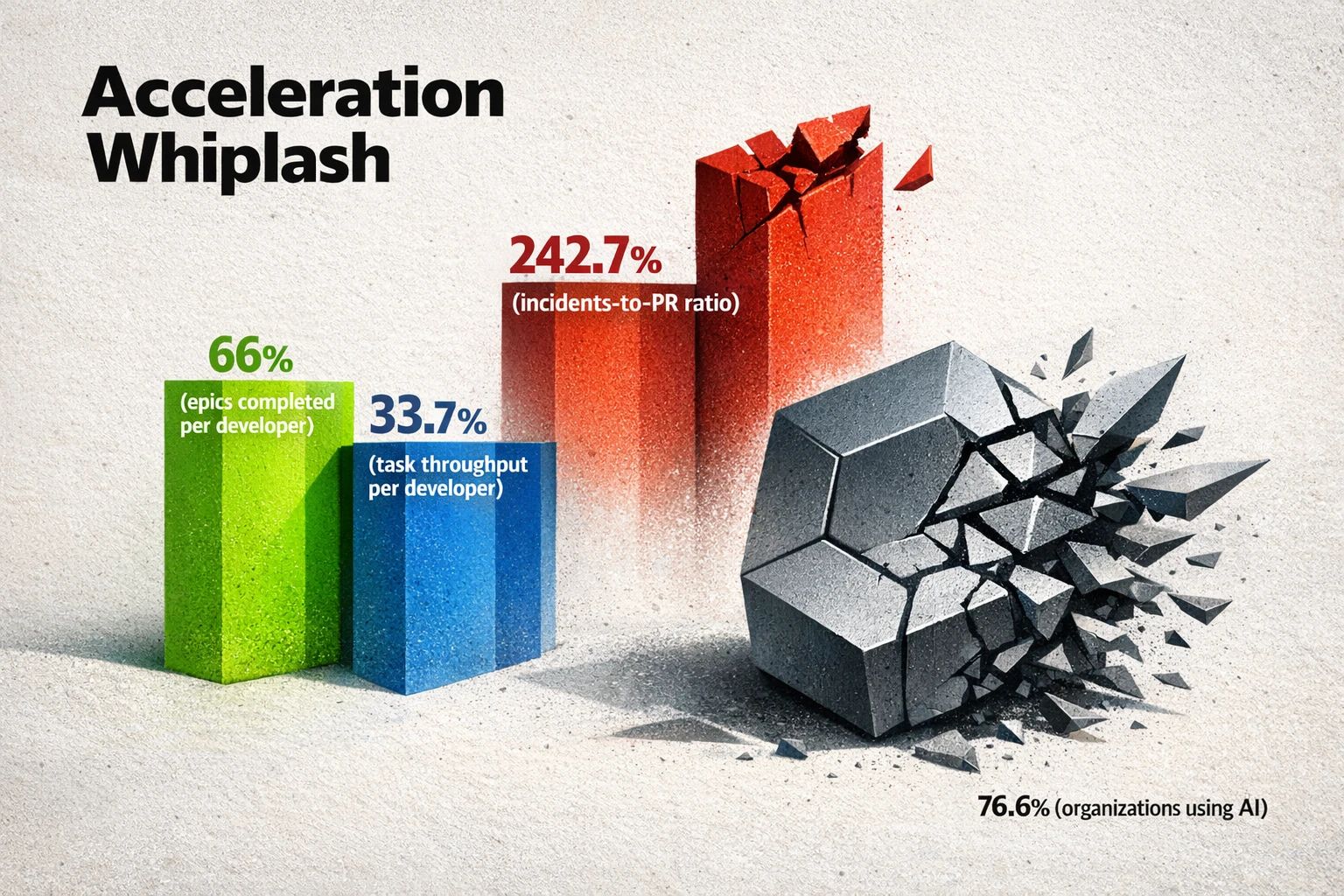 Data-first visual: AI raises throughput (66% and 33.7%) while incidents spike (242.7% incidents-to-PR ratio), underscoring the need for governance in agentic development.