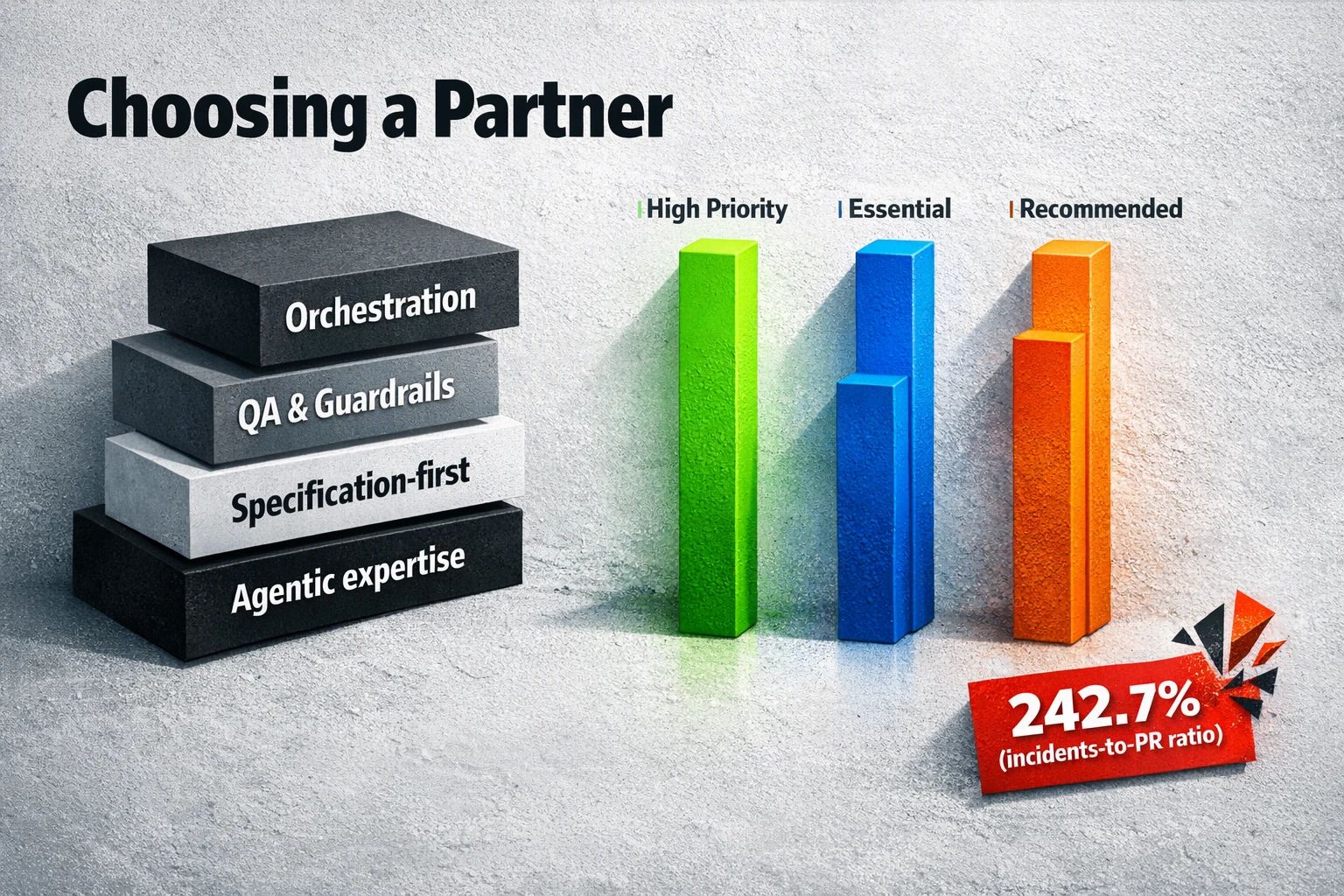 Partner checklist: compare firms by orchestration ability, QA guardrails, specification-first design, and agentic expertise—note the 242.7% incidents-to-PR ratio as a critical risk factor.