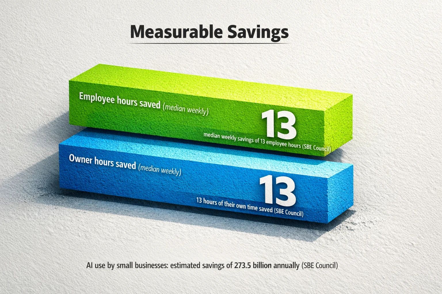 Quantify the human-hour impact: SBE Council data shows median weekly savings of 13 employee hours and 13 owner hours — part of an estimated 273.5 billion annual sector impact.