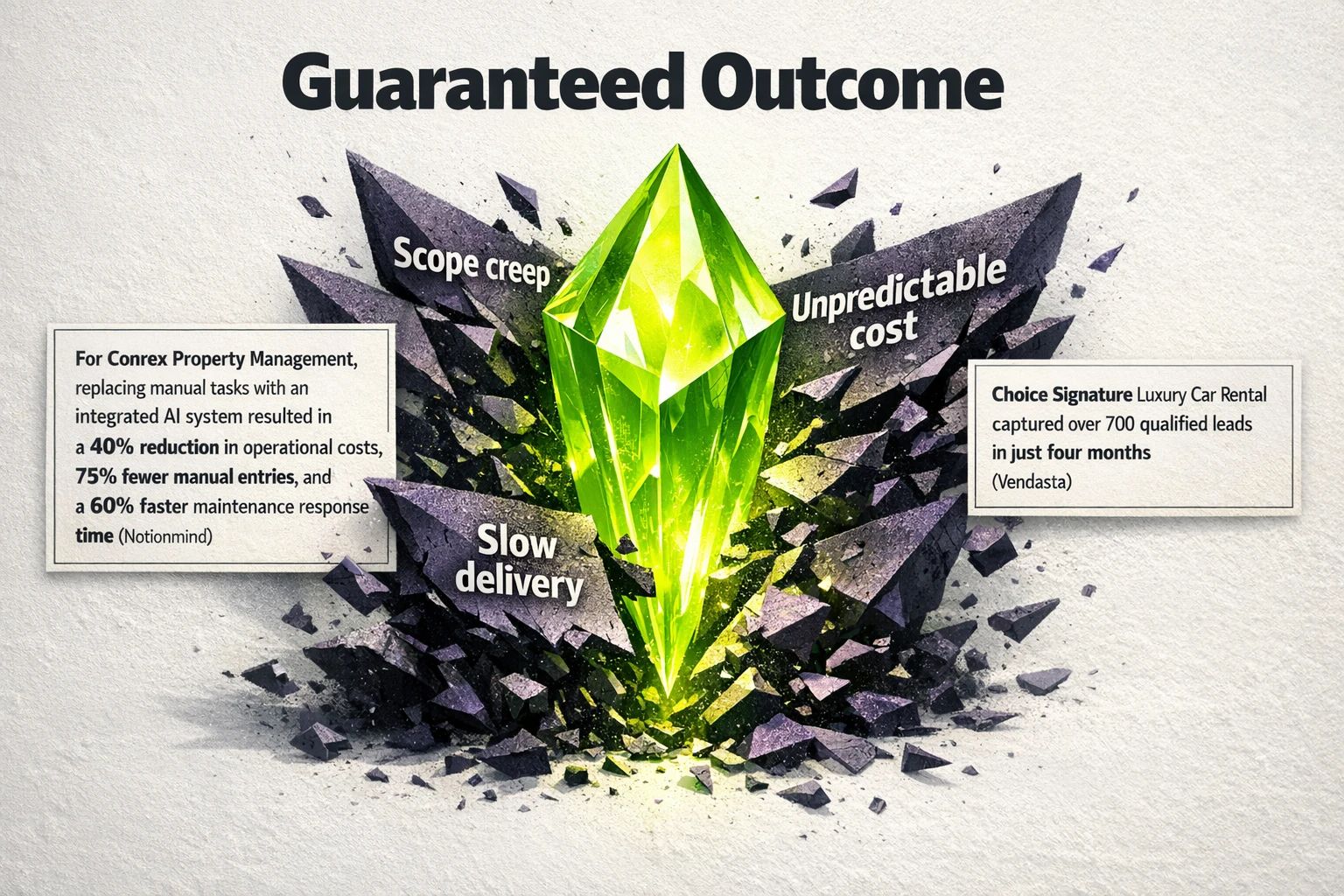 Visualize risk reversal: productized AI fractures the usual bespoke risks — backed by Conrex and Vendasta case-study metrics that show measurable gains.