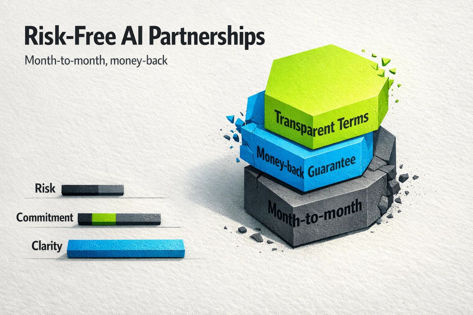 Visual comparison: stacked contract pillars and qualitative risk bars that highlight month-to-month and money-back protections to build trust.