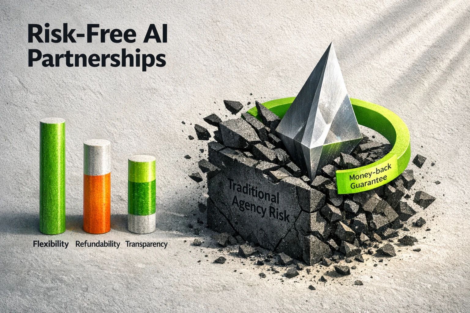 A disruptive visual showing how transparent guarantees and flexible terms break the old agency-risk model — ideal for middle-of-funnel trust-building.