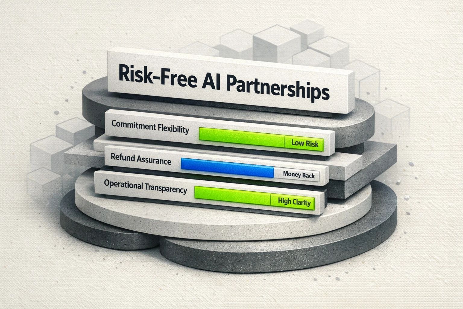 A calm, structured dashboard visual designed to help readers compare flexible contracts, guarantees, and transparency when deciding on AI partnerships.