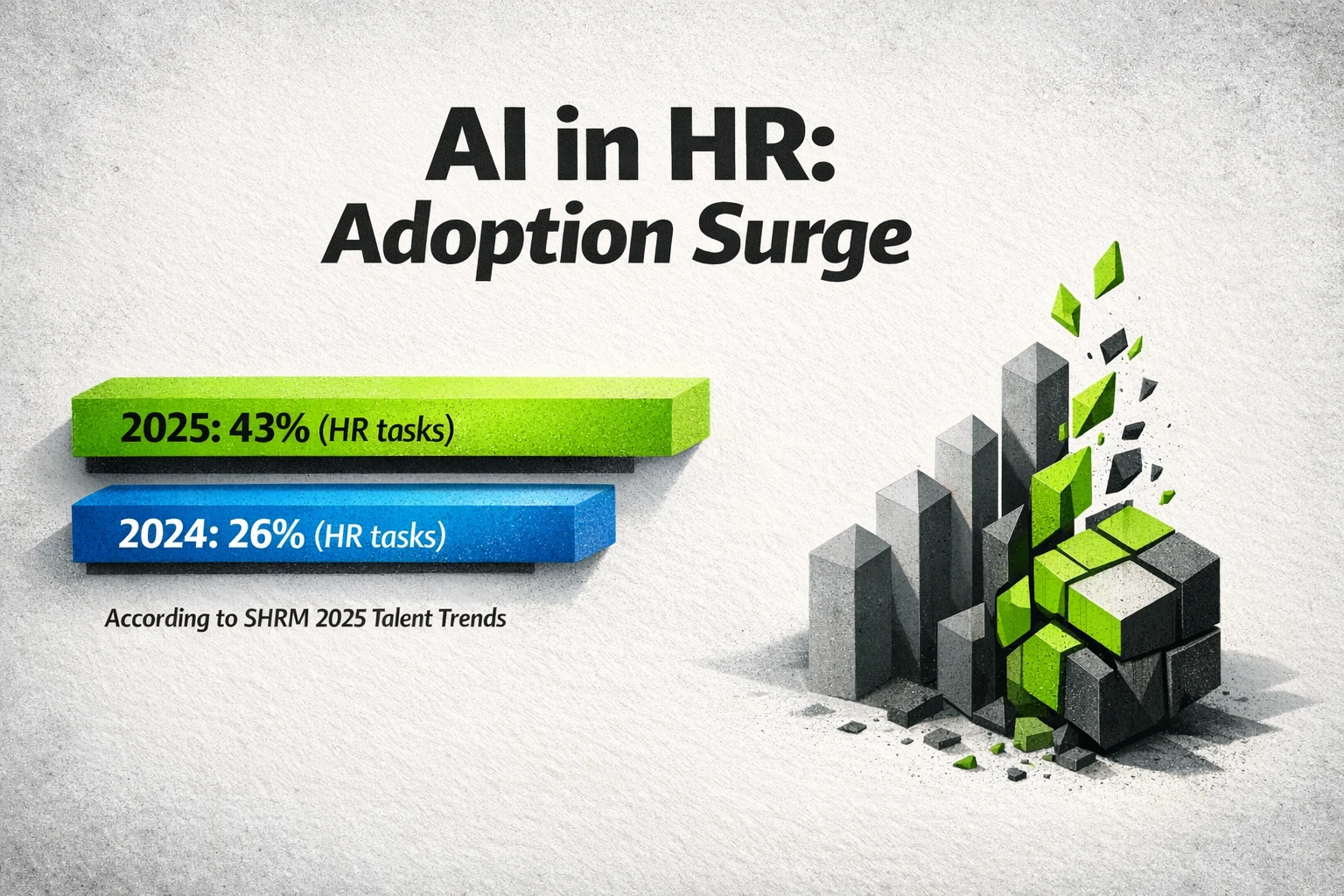 SHRM data: AI adoption in HR tasks surged to 43% in 2025 from 26% in 2024 — a strong signal for HR leaders to evaluate bespoke automation pilots.