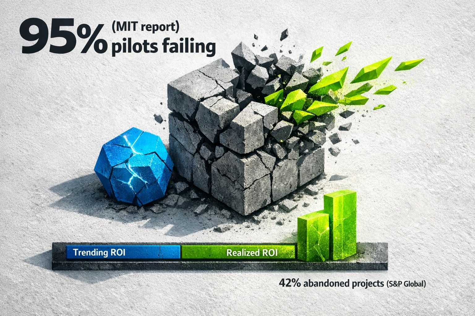 Illustration: The AI ROI accountability crisis — "95% (MIT report)" pilot failure and "42% abandonment" frame the need for rigorous ROI frameworks.