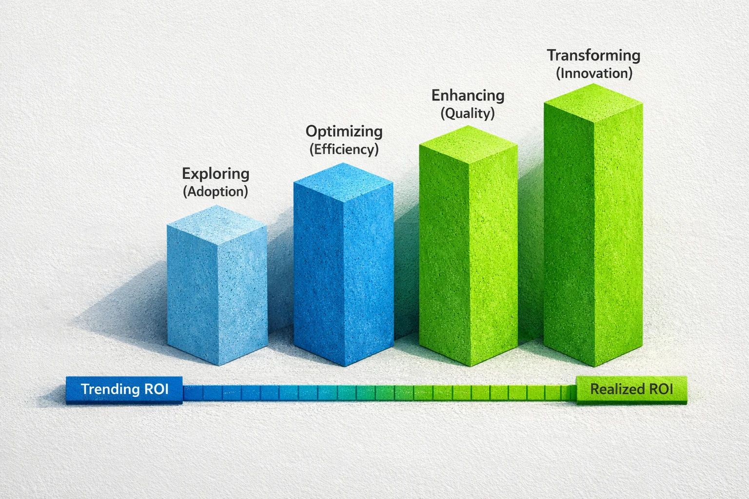 Framework: The four-stage AI adoption path (Atlassian) with 'Trending ROI' → 'Realized ROI' to guide what to measure at each stage.