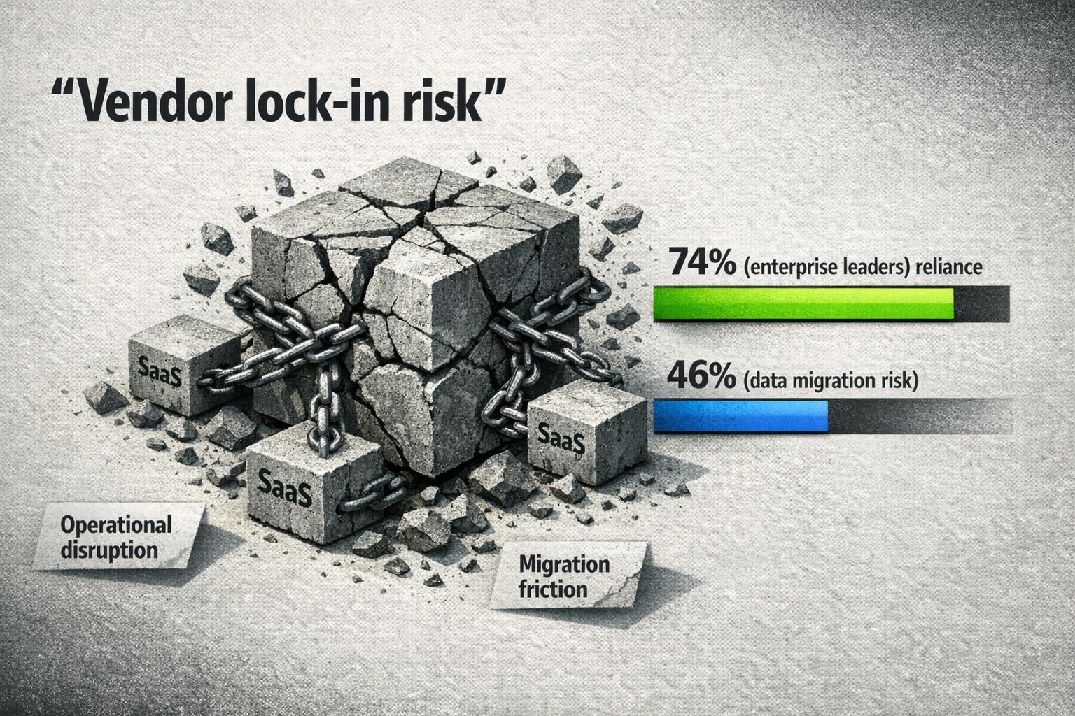 Risk snapshot: 74% of enterprise leaders report reliance on their primary AI vendor; 46% cite data migration and overdependence as primary risks—visualized as progress bars to guide decision-making.
