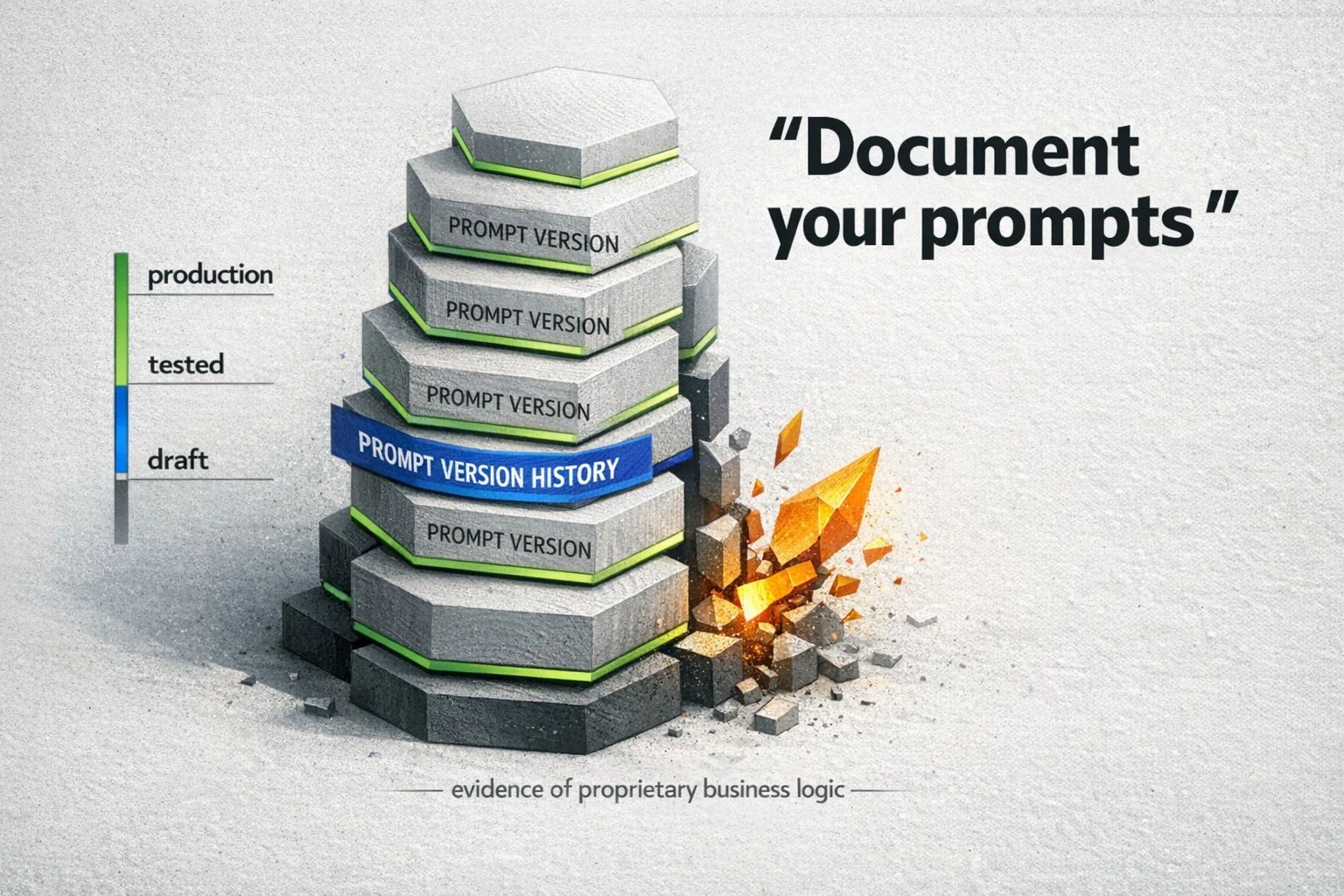 IP defense visual: shows how a prompt-version ledger and progress indicators act as evidence of proprietary business logic—an operational step recommended by Particle41.