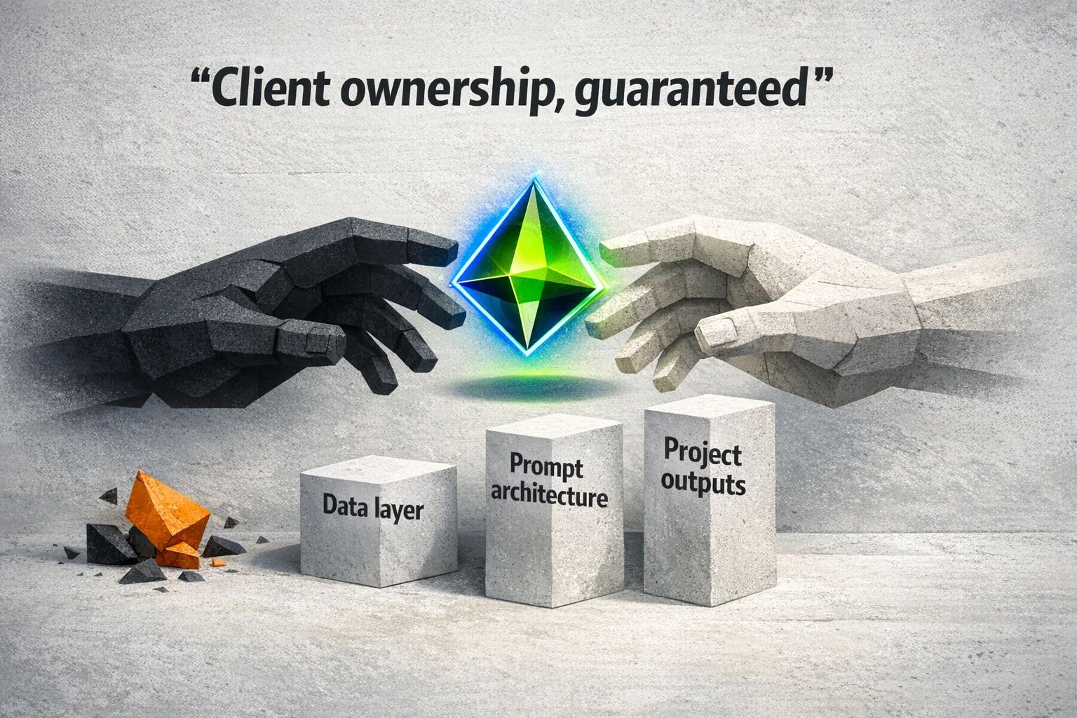 Ownership handoff: visualizes the agency-built, client-owned model—client takes control of data layers, prompt architecture, and specific outputs after implementation.